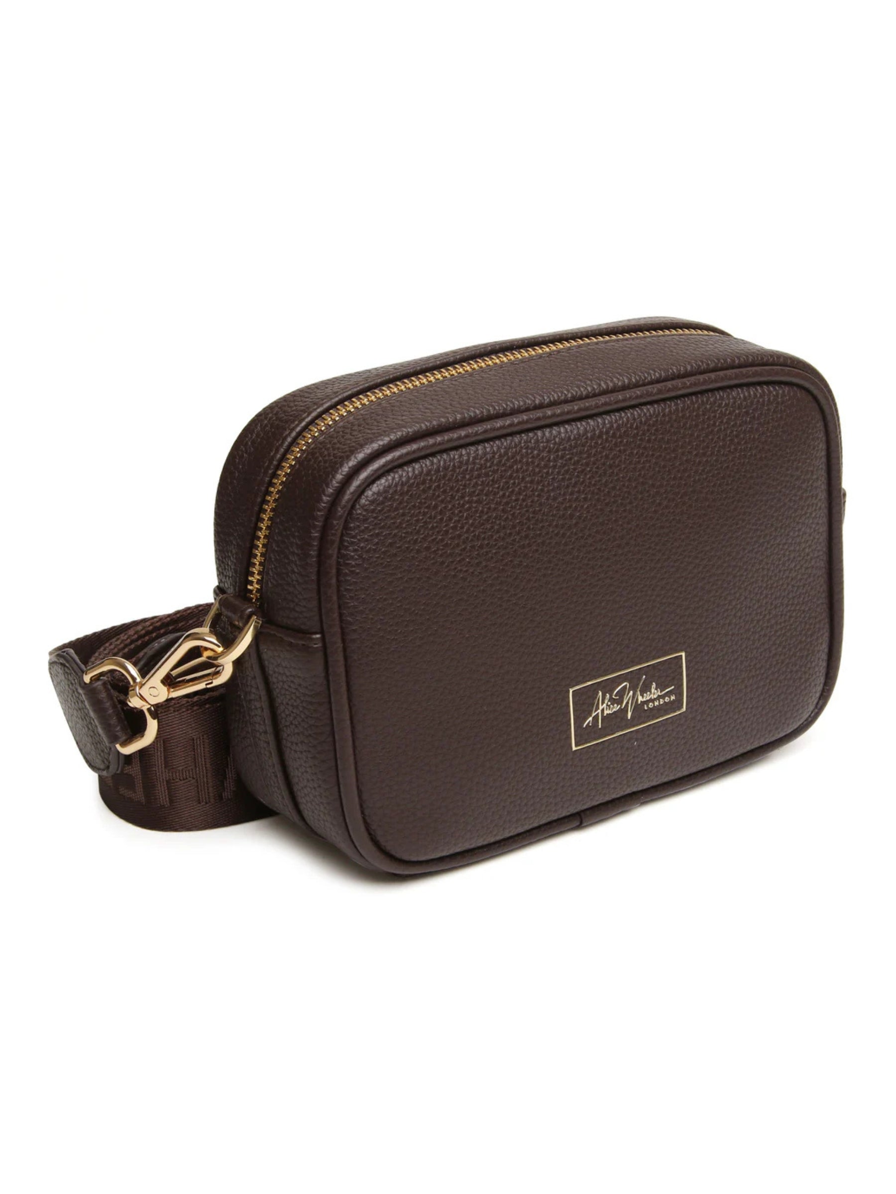 Alice Wheeler AW6158 Chocolate Mini Soho Cross Body Bag with branded strap, gold bee charm and compact design – elegant brown crossbody handbag for everyday use.