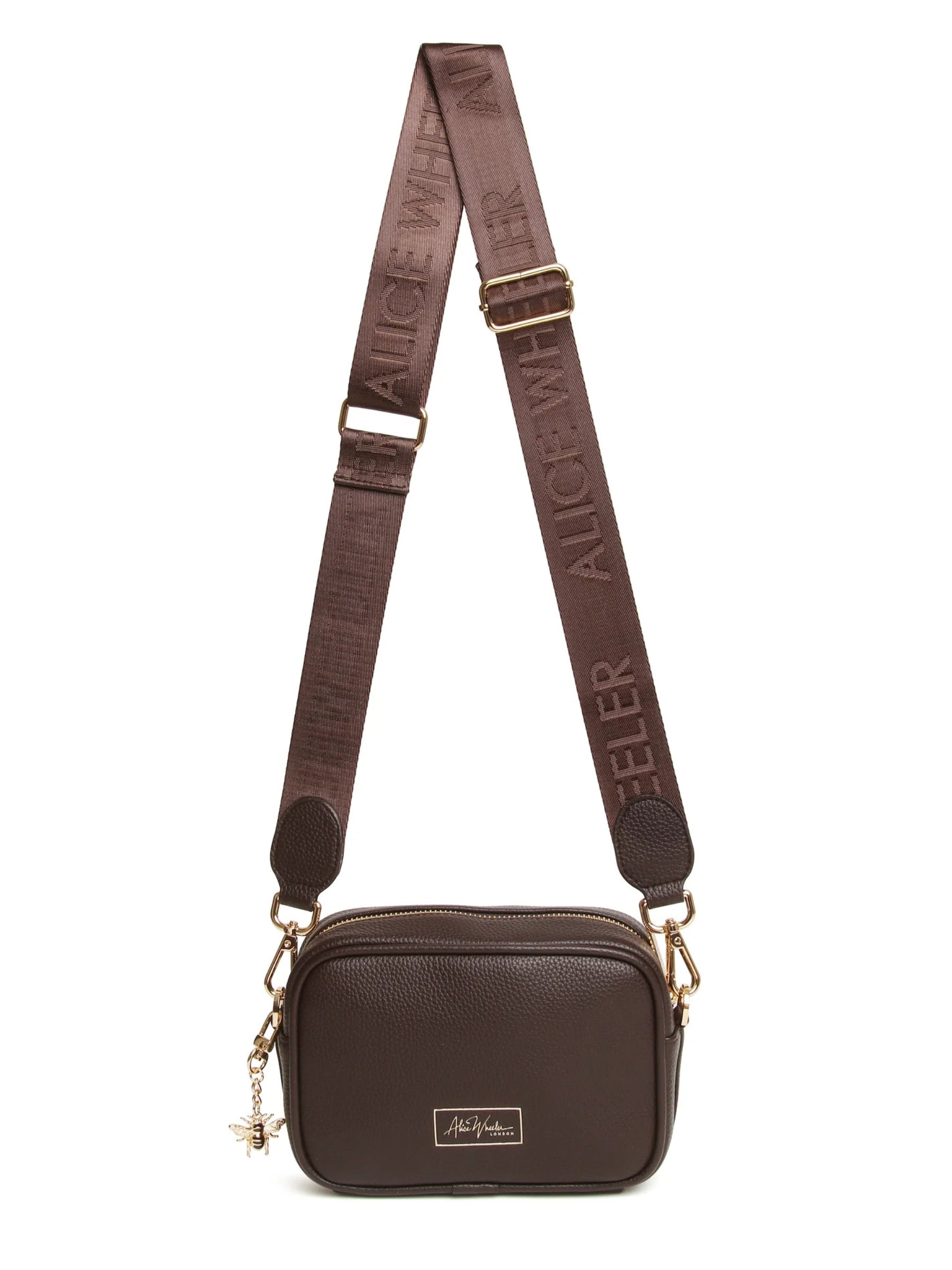 Alice Wheeler AW6158 Chocolate Mini Soho Cross Body Bag with branded strap, gold bee charm and compact design – elegant brown crossbody handbag for everyday use.