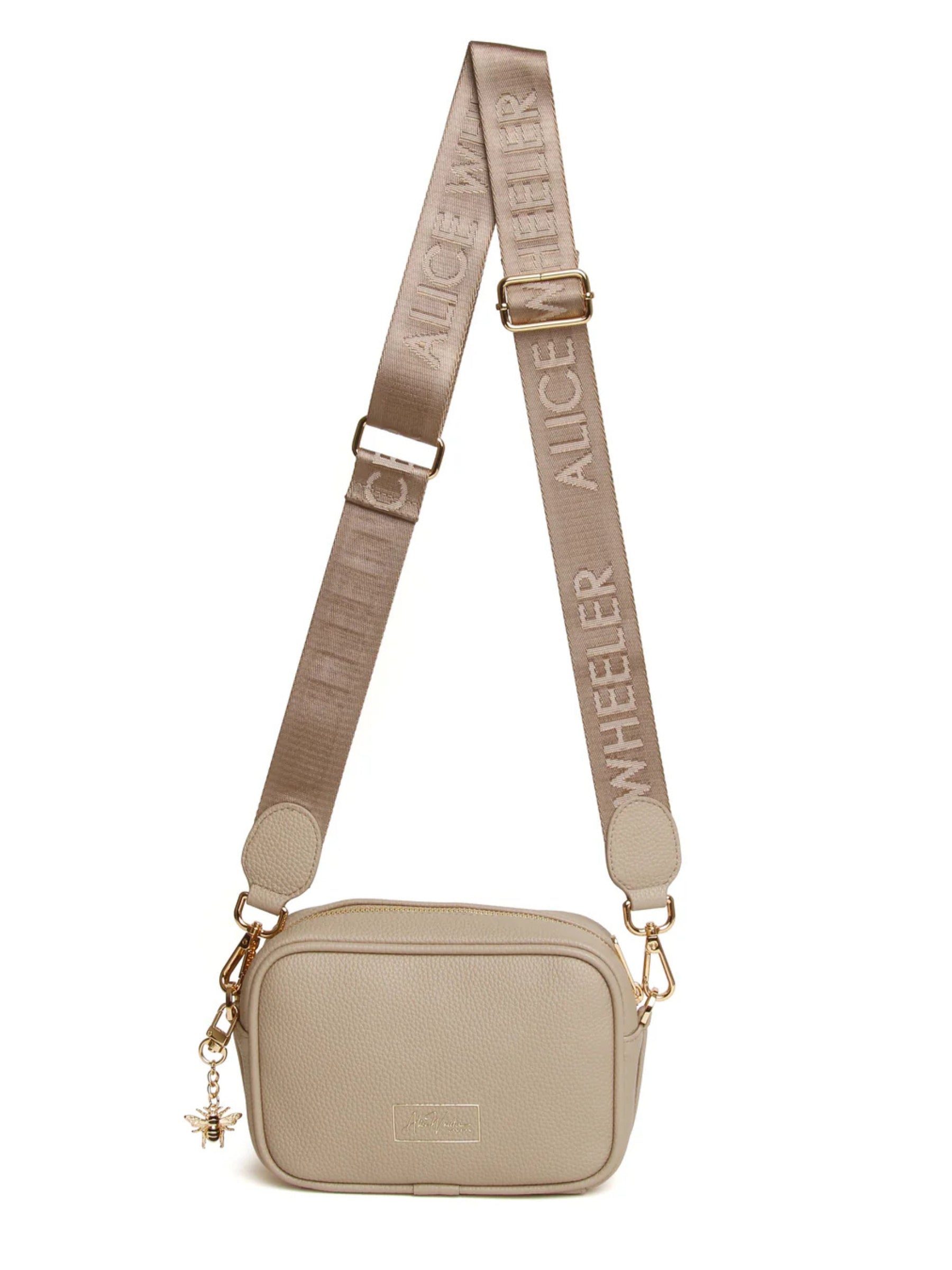 Alice Wheeler AW6165 Stone Mini Soho Cross Body Bag with branded strap, gold bee charm, and compact design – neutral crossbody handbag for women.