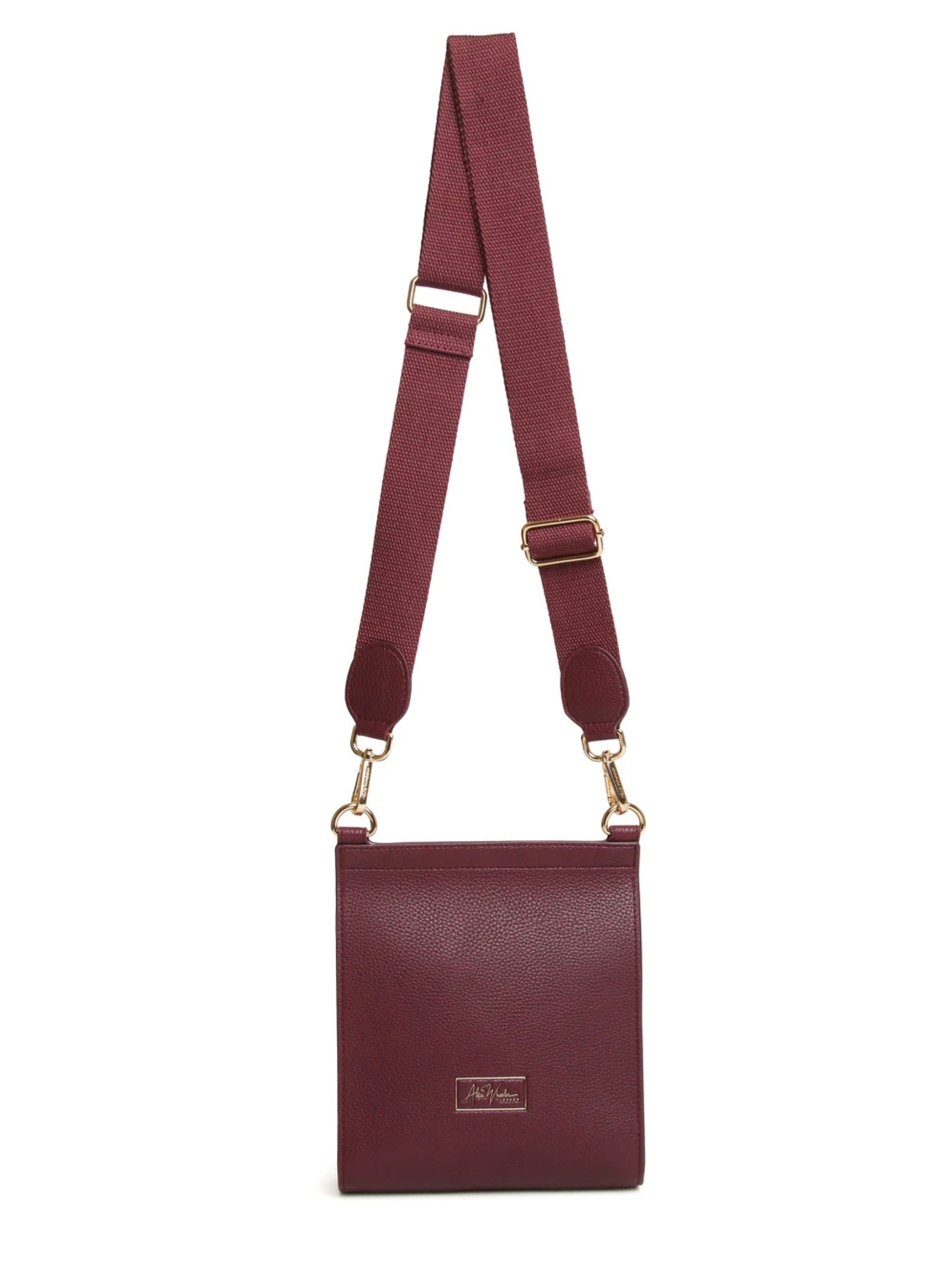 ALICE WHEELER AW6183 Berry Bloomsbury cross body bag in vegan leather with gold hardware, magnetic flap closure and adjustable strap.