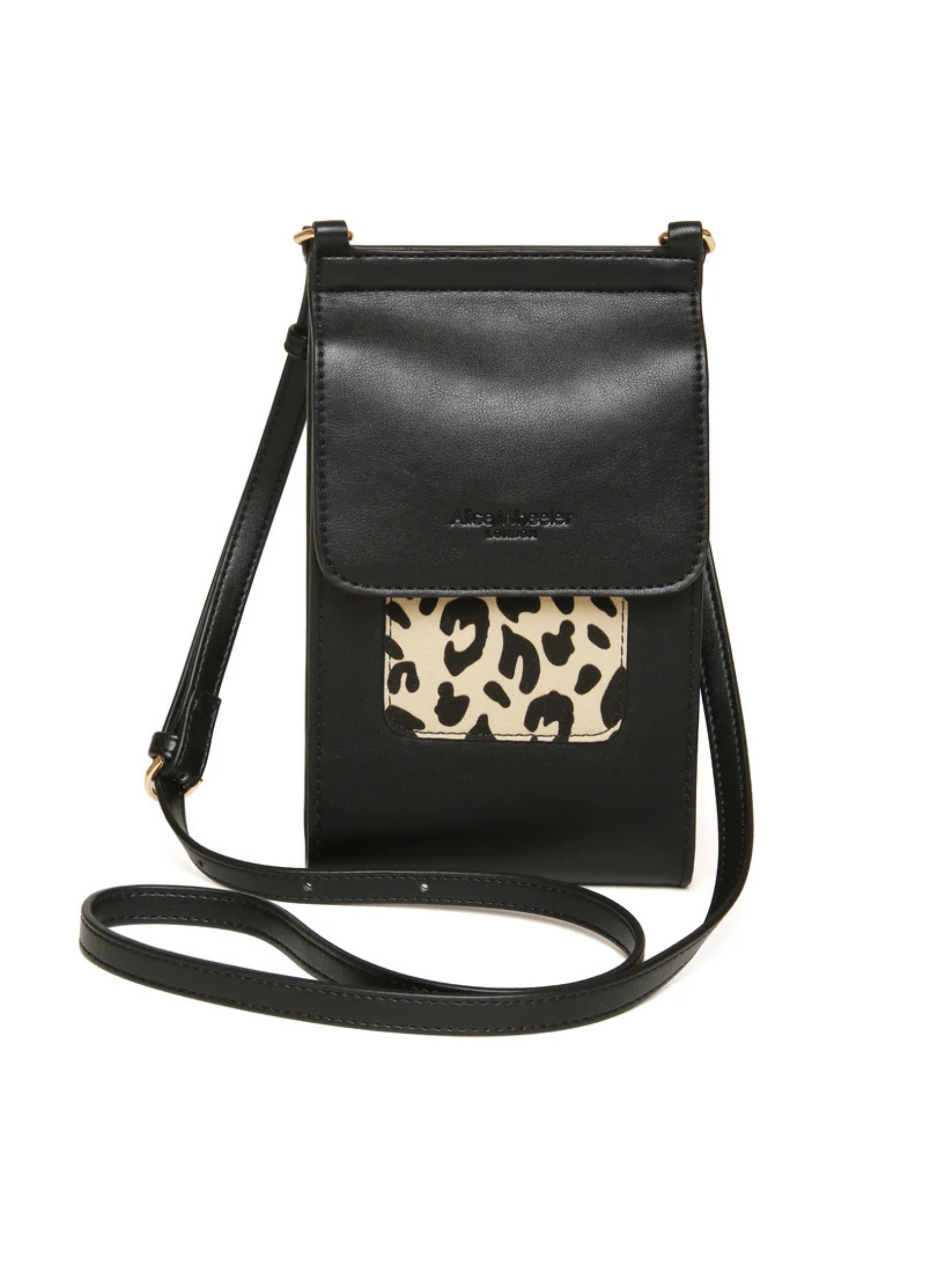Alice Wheeler AW6215 Leopard Mini Bloomsbury Cross Body Bag – vegan leather compact crossbody with leopard suede panel, card holder and magnetic clasp, women’s stylish everyday bag.