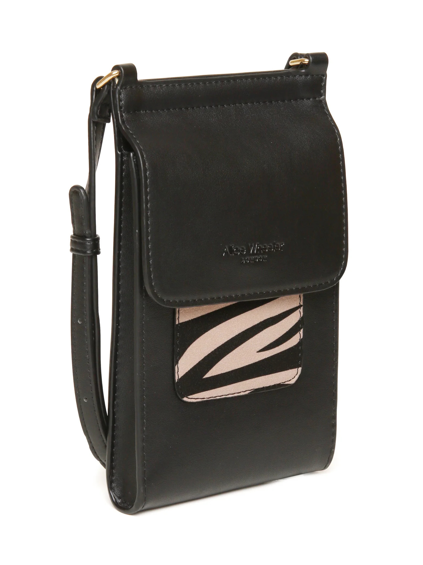 Alice Wheeler AW6216 Zebra Mini Bloomsbury Cross Body Bag – vegan leather compact crossbody with zebra suede panel, card holder and magnetic clasp, women’s stylish everyday bag.