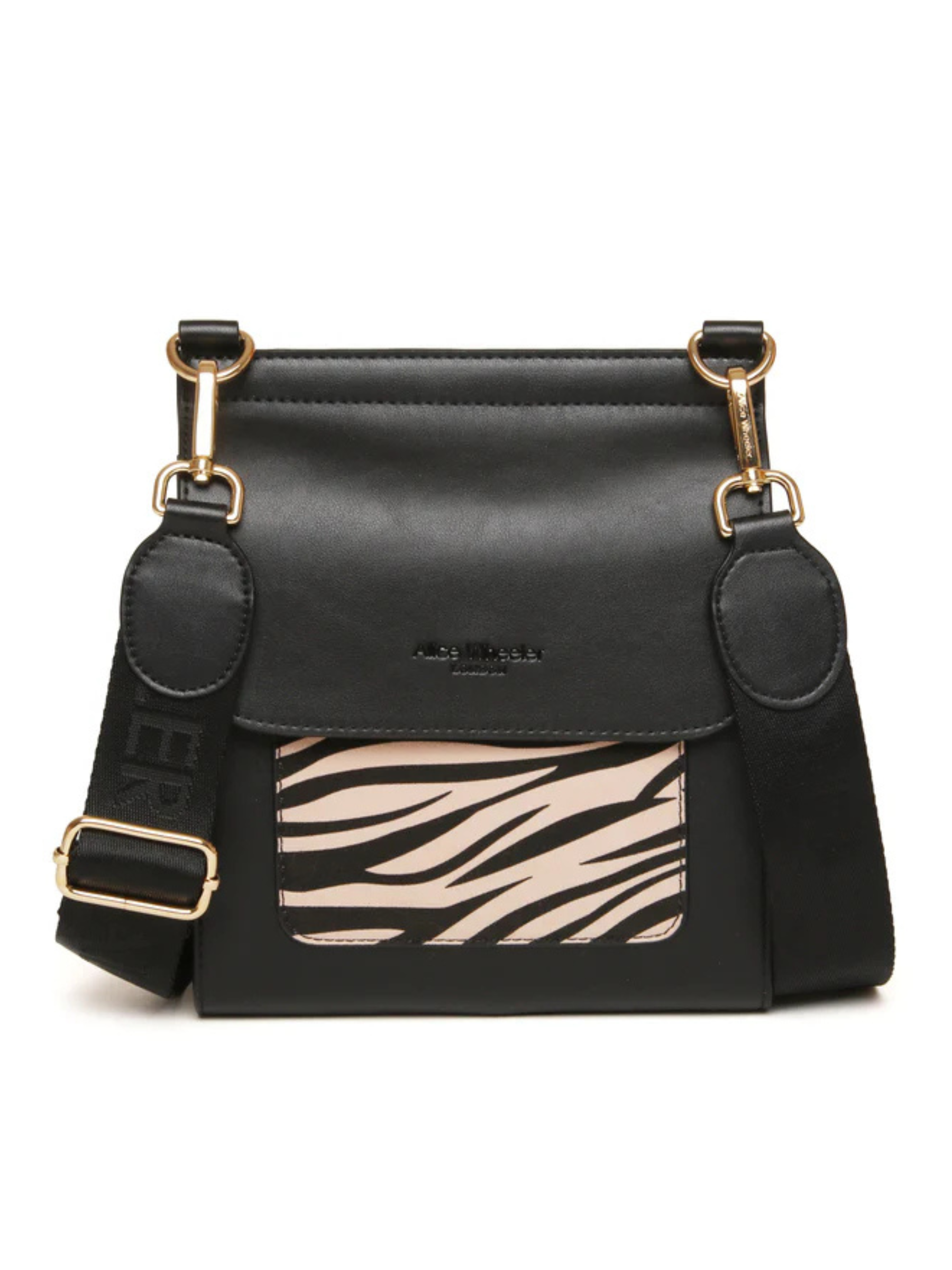 ALICE WHEELER AW6218 Zebra Bloomsbury cross body bag in vegan leather with gold hardware, magnetic flap closure and adjustable strap.