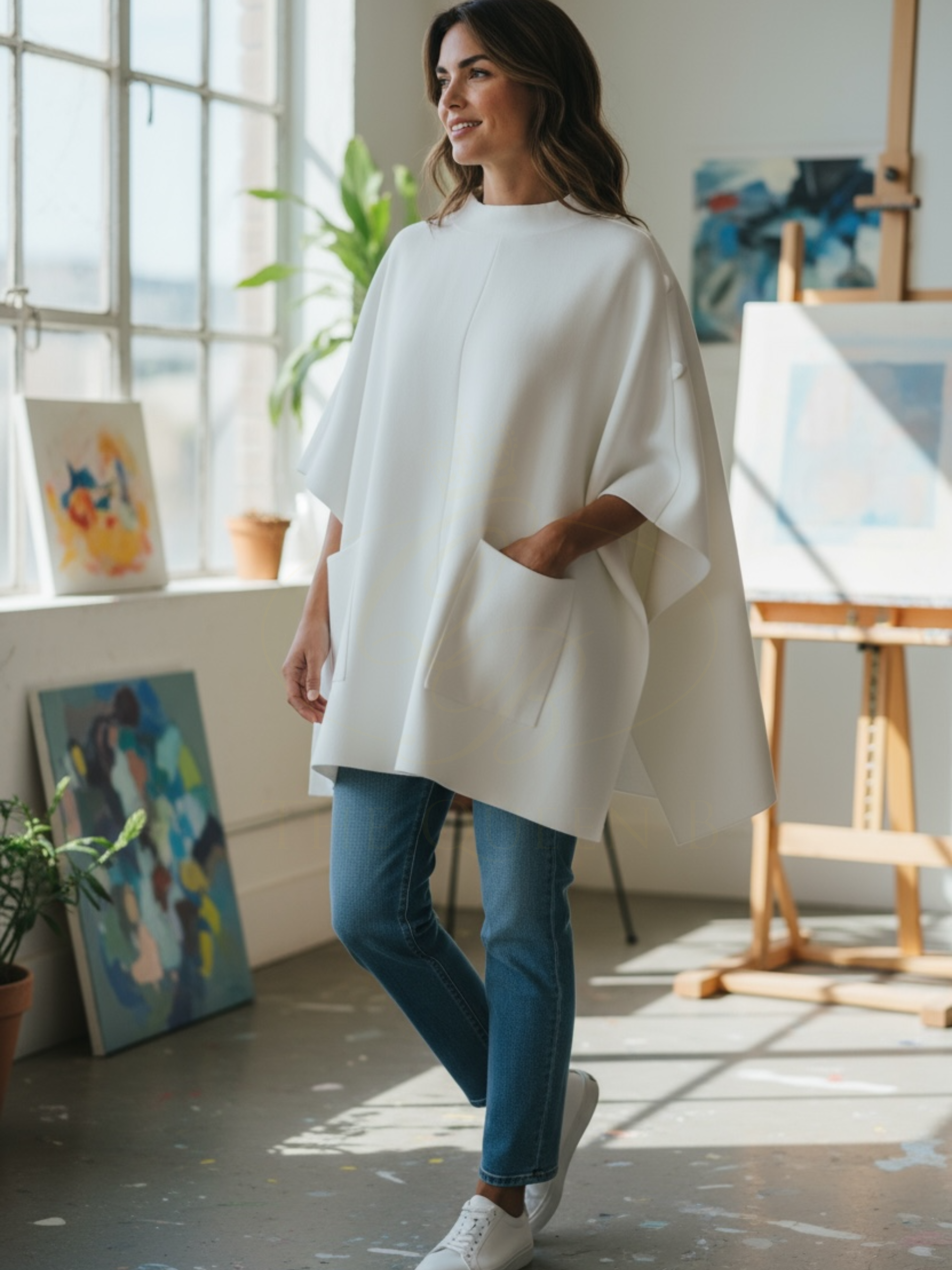 Cape by Alice Collins featuring button detailing on the shoulder, patch pockets and a high neckline – soft lightweight knit ideal for layering and casual everyday wear.