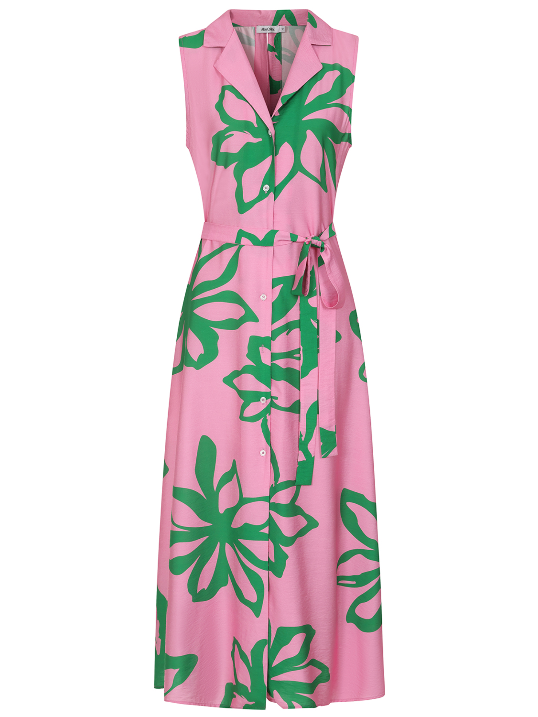 Alice Collins 036S272 Mairi Dress with collar neckline, sleeveless design, tie waist and partial button front.