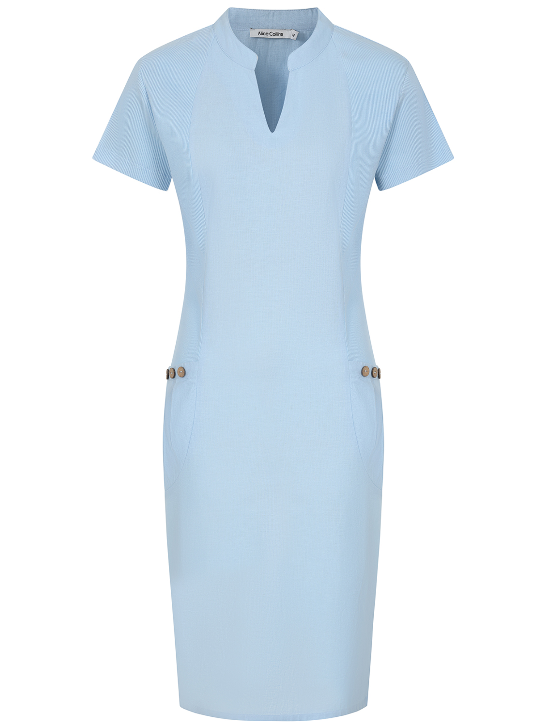 Alice Collins 036S308 Hettie Notch Neck Dress with notch neckline and practical pockets.