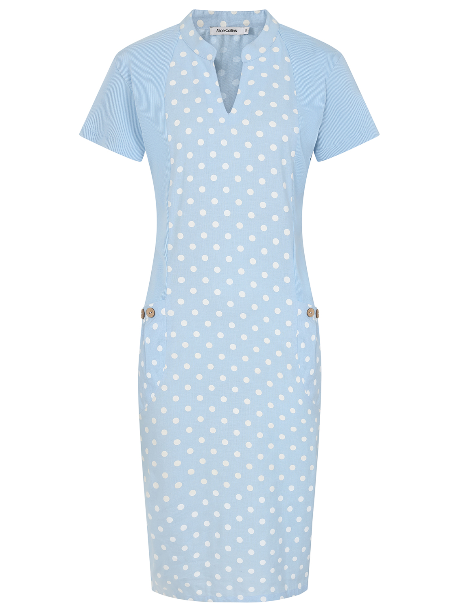 Alice Collins 036S310 Hettie Notch Neck Dot Print Dress with notch neckline, dot print and practical pockets.
