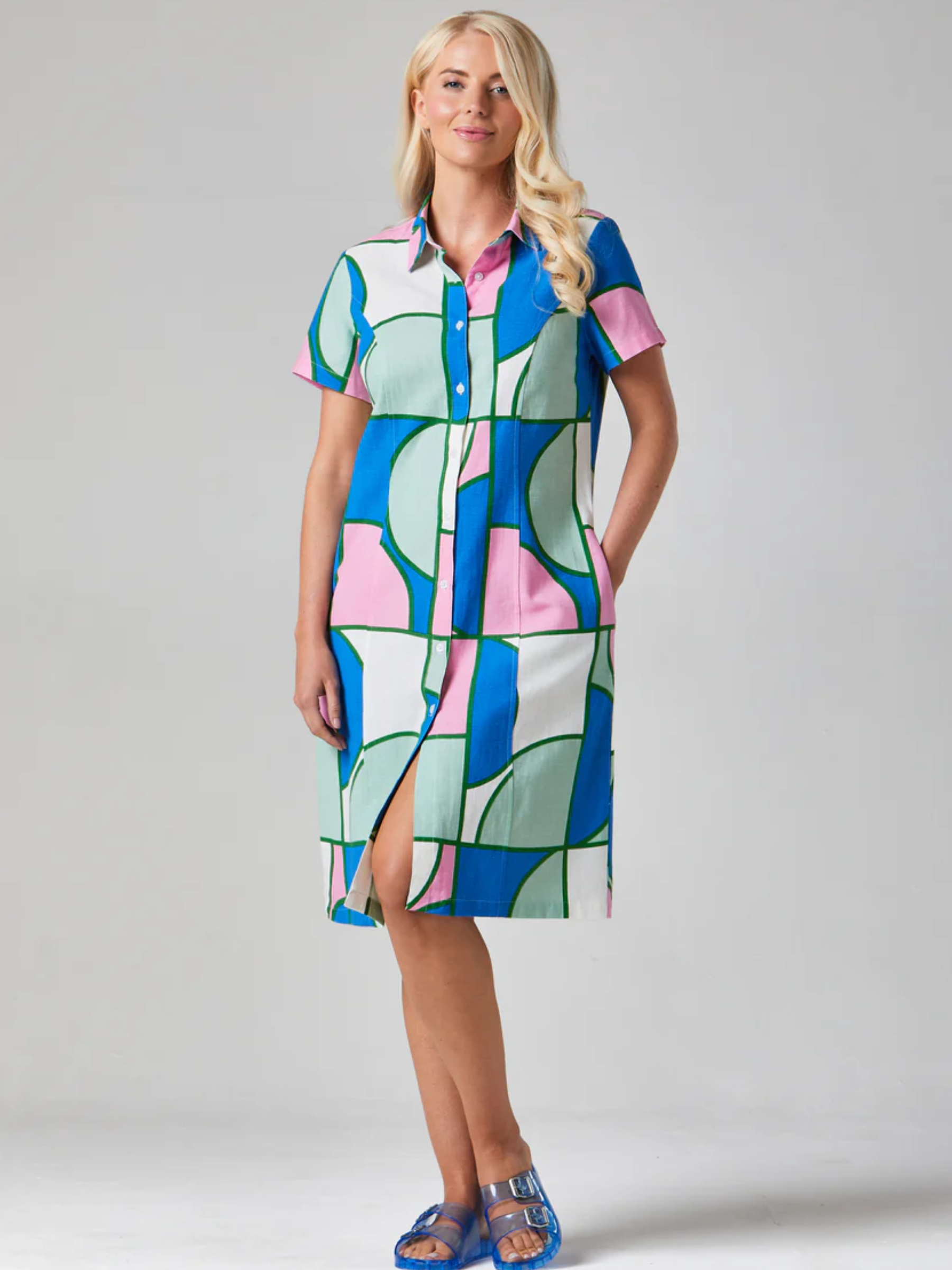 Alice Collins 036S442 Rosa Shirt Dress with abstract print, button front and short sleeves.