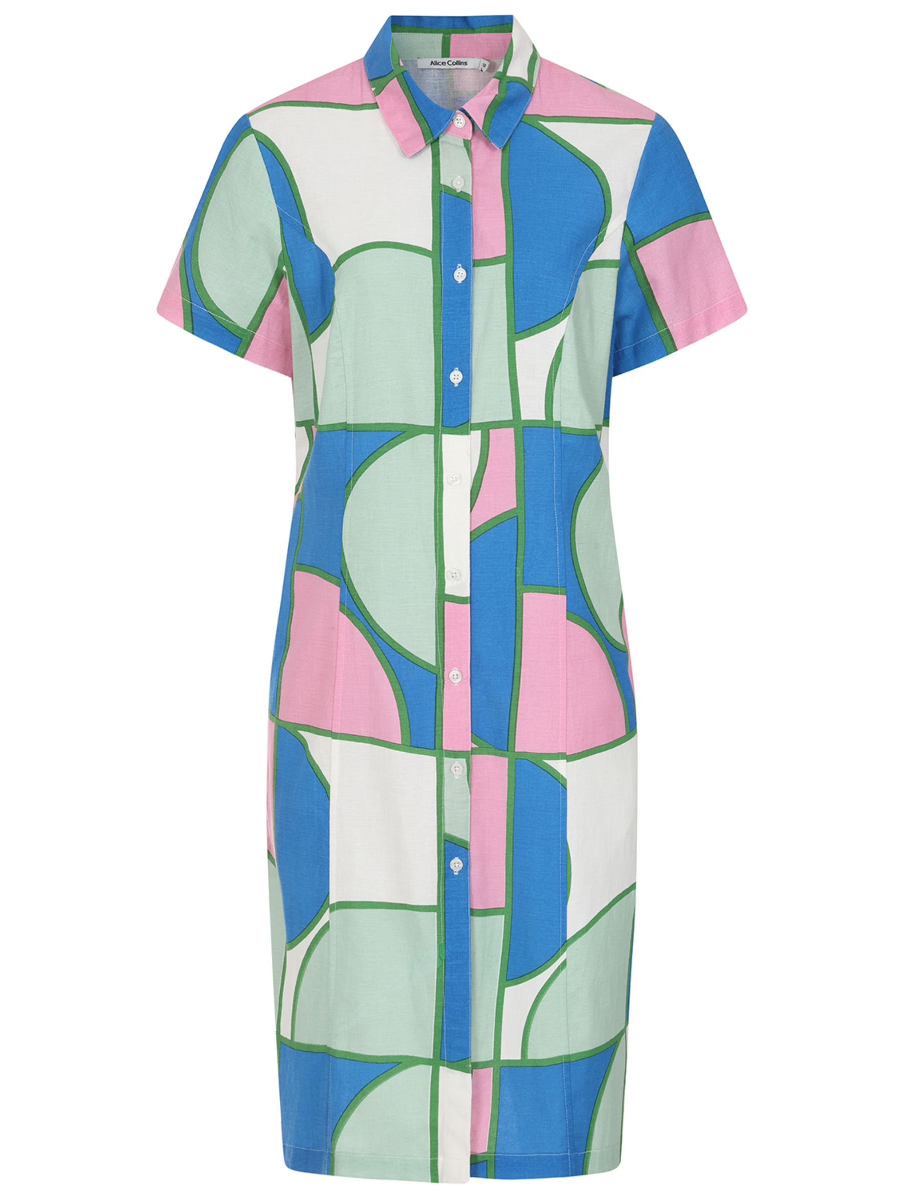 Alice Collins 036S442 Rosa Shirt Dress with abstract print, button front and short sleeves.