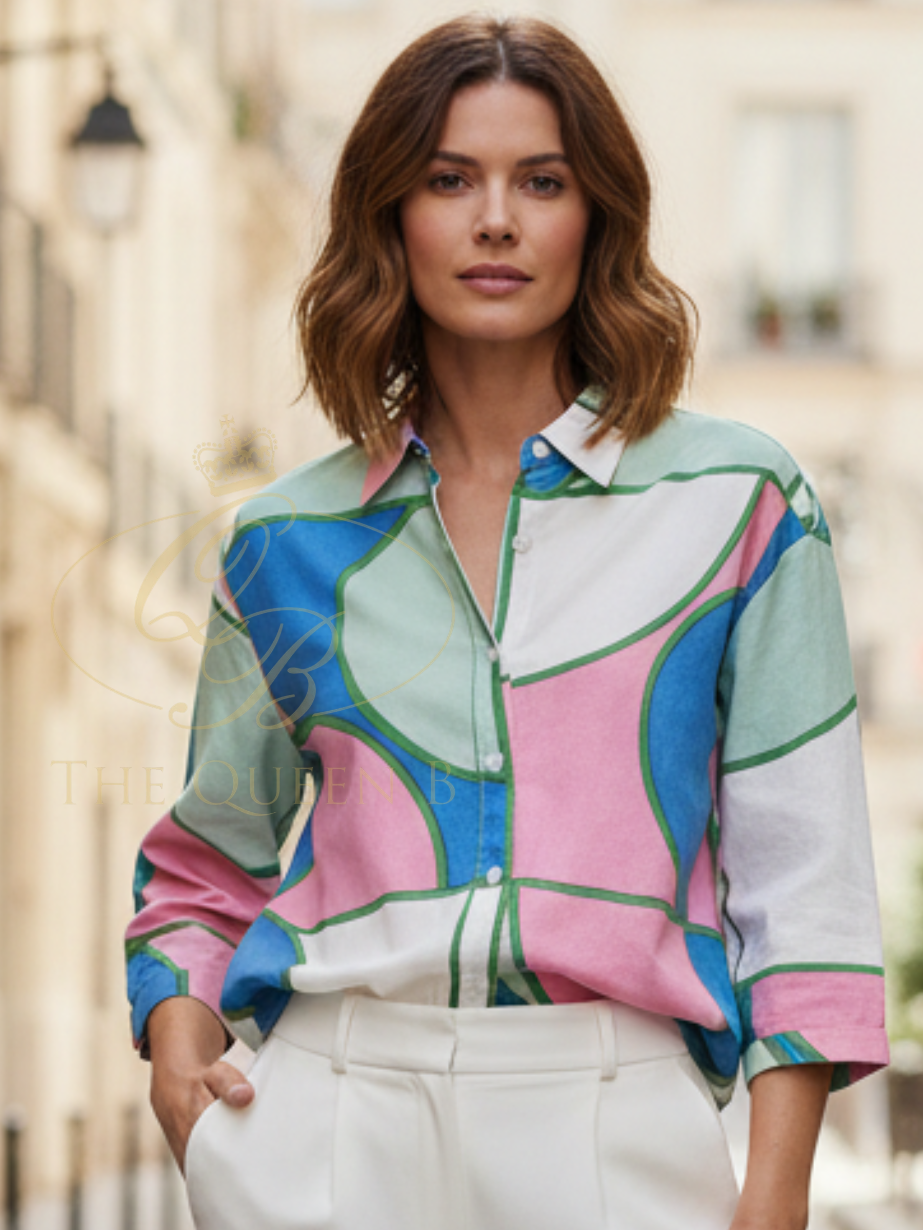 Alice Collins 036S444 Rosa Shirt with abstract print, button front and collared neckline.