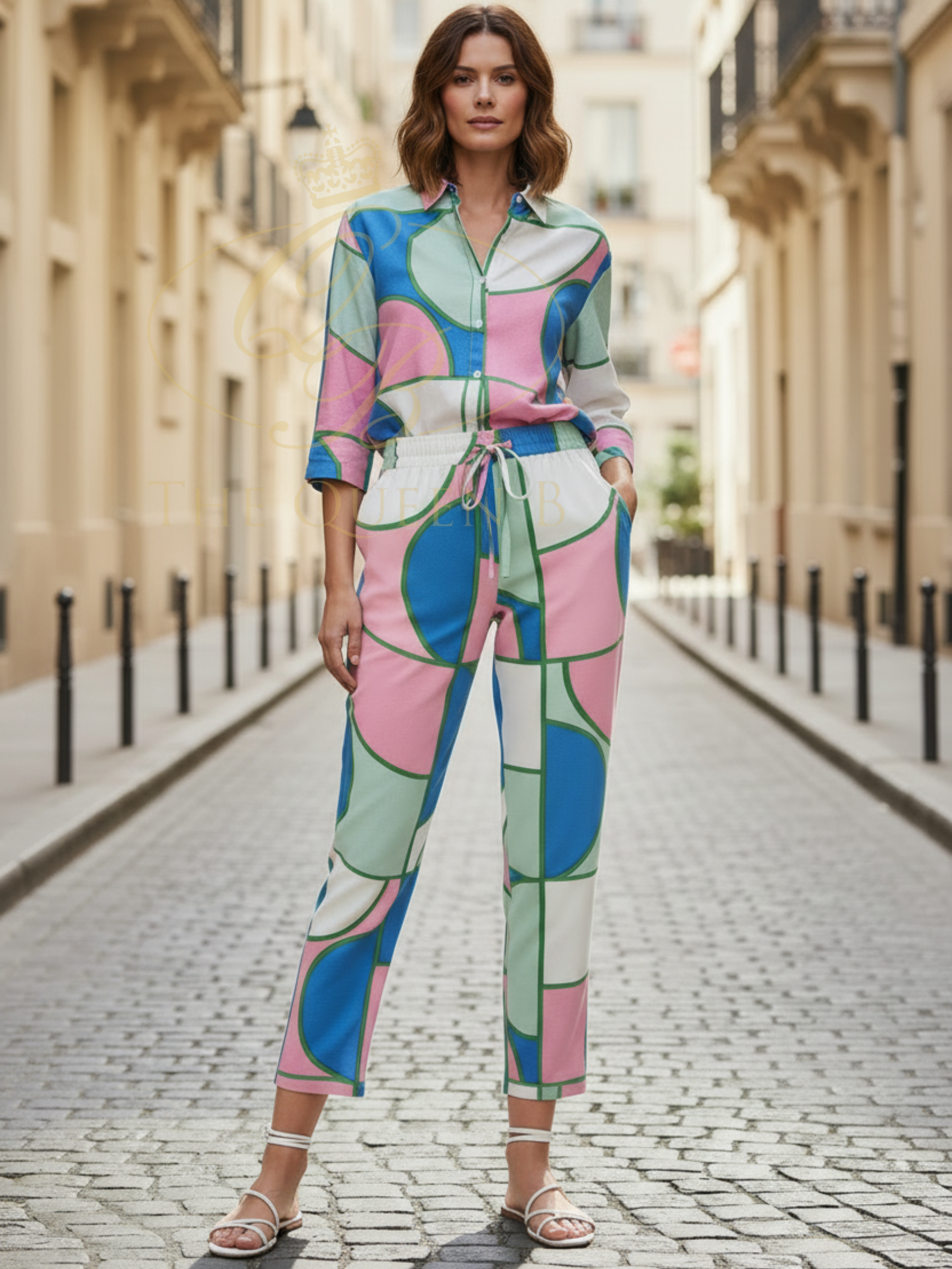 Alice Collins 036S444 Rosa Shirt with abstract print, button front and collared neckline.