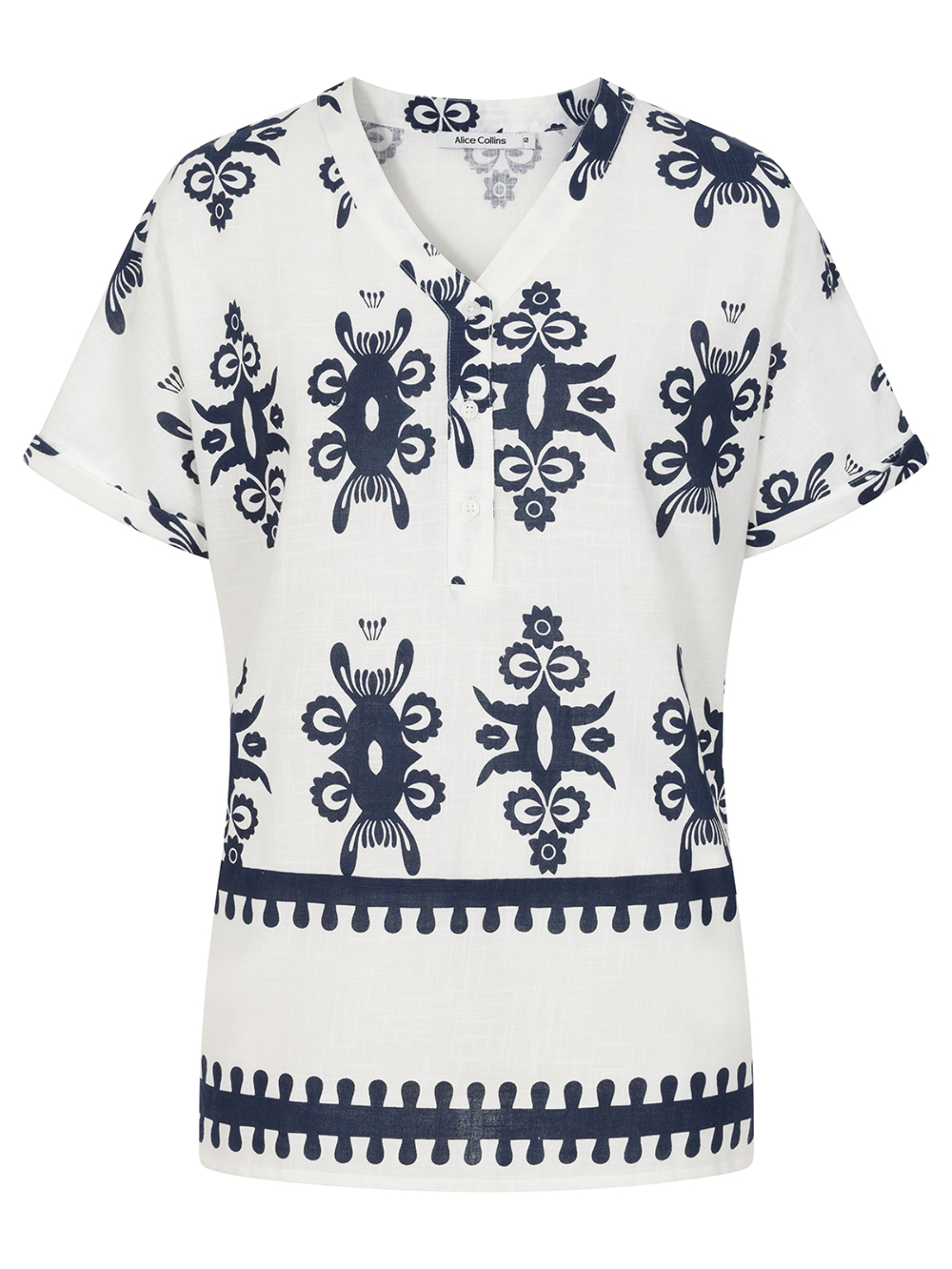 Alice Collins 036S456 Athena Shirt with printed design, button placket neckline and short sleeves.