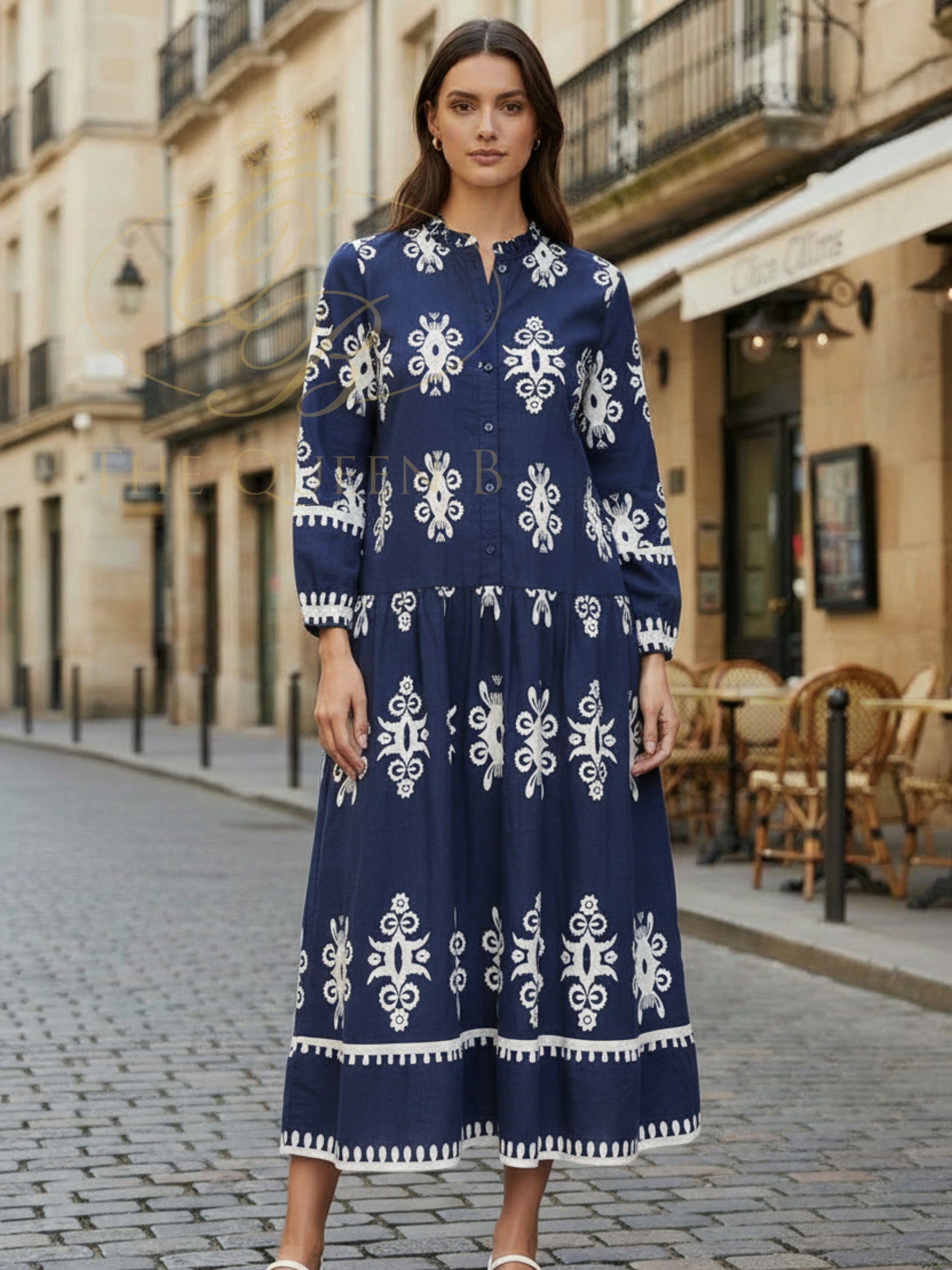 Alice Collins 036S460 Athena dress with printed design, tiered silhouette and long sleeves.