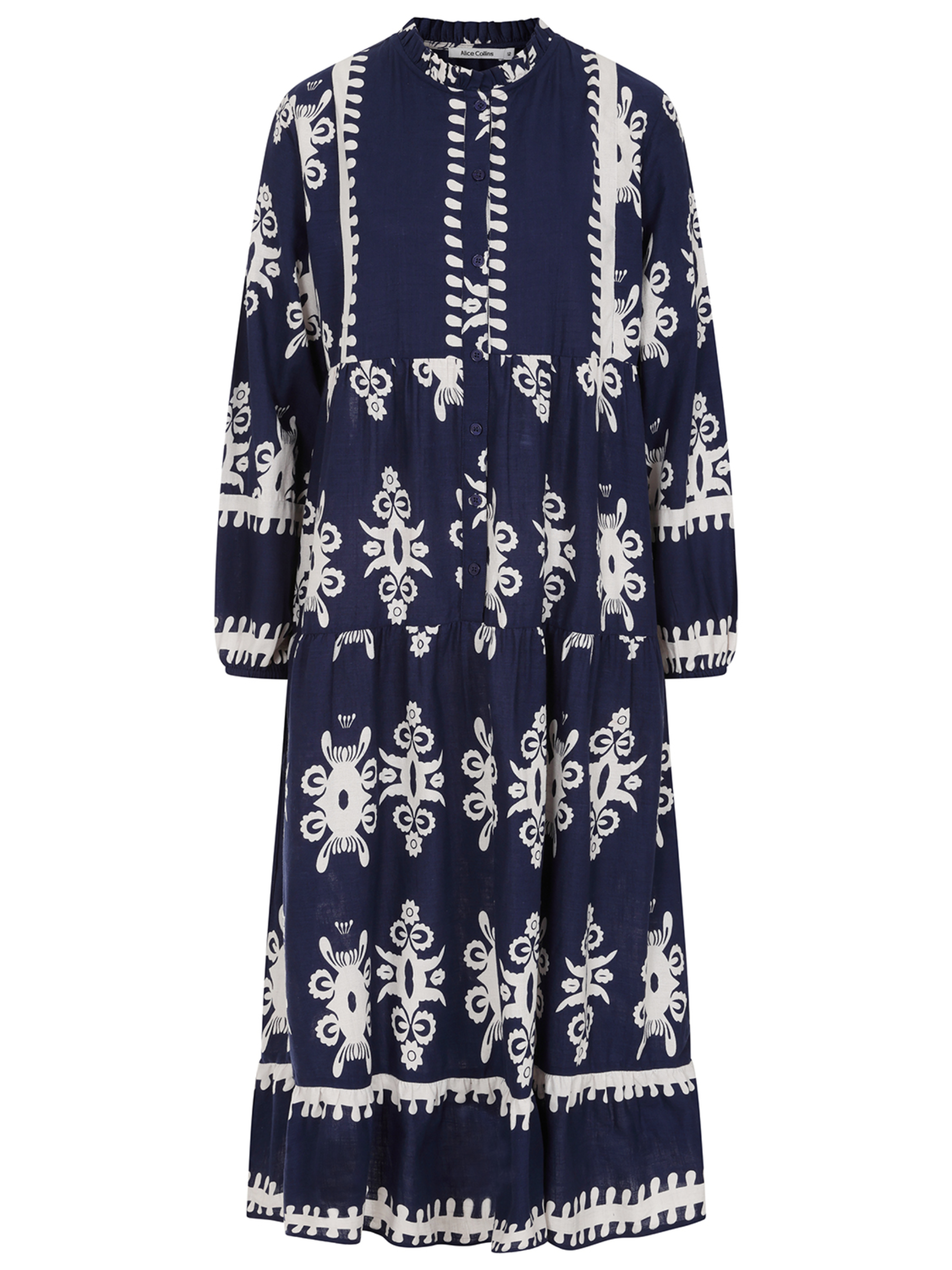 Alice Collins 036S460 Athena dress with printed design, tiered silhouette and long sleeves.