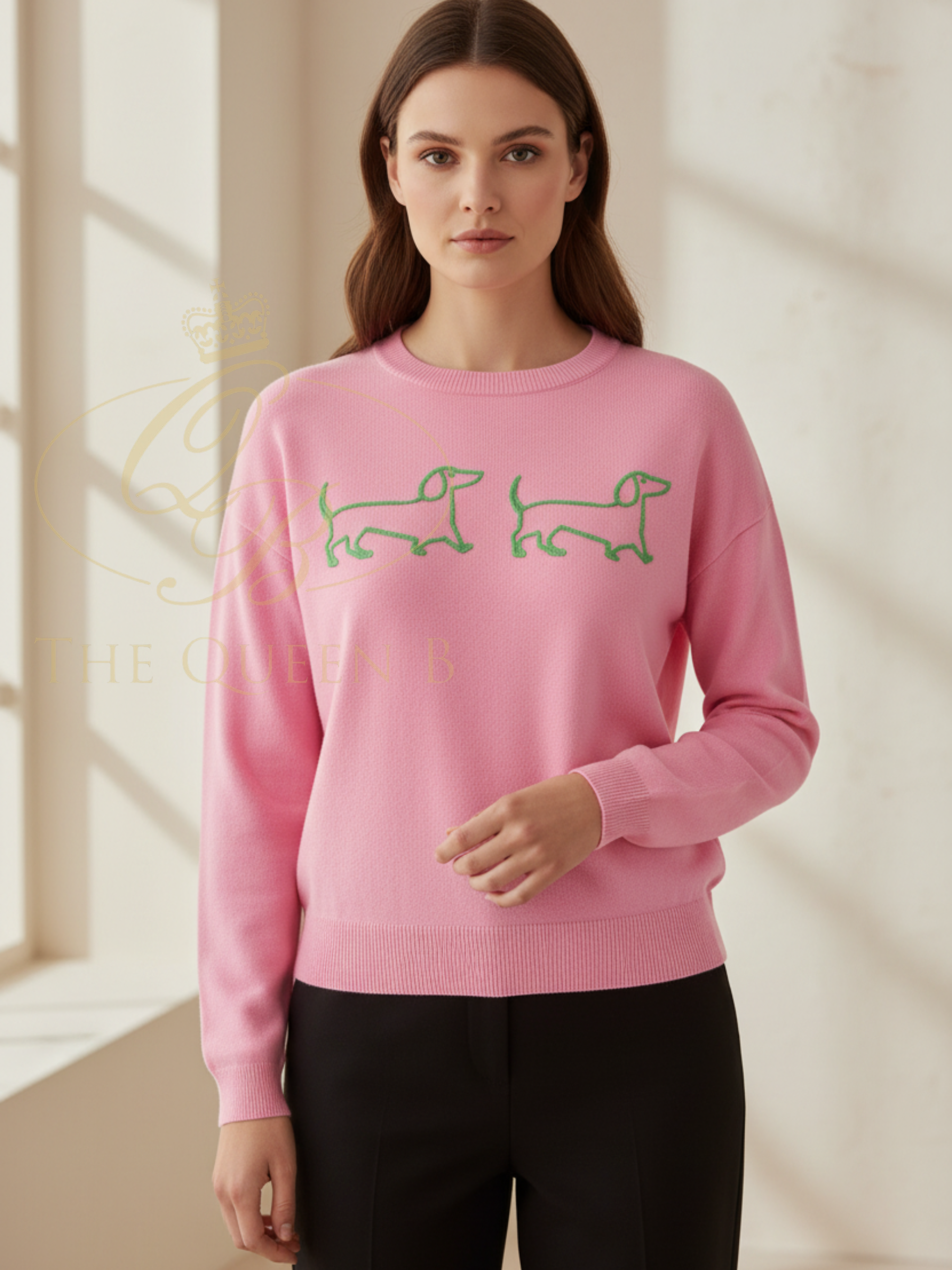 Alice Collins Jessie & Pippa knit pullover with embroidered dachshund motif and ribbed cuffs and hem.