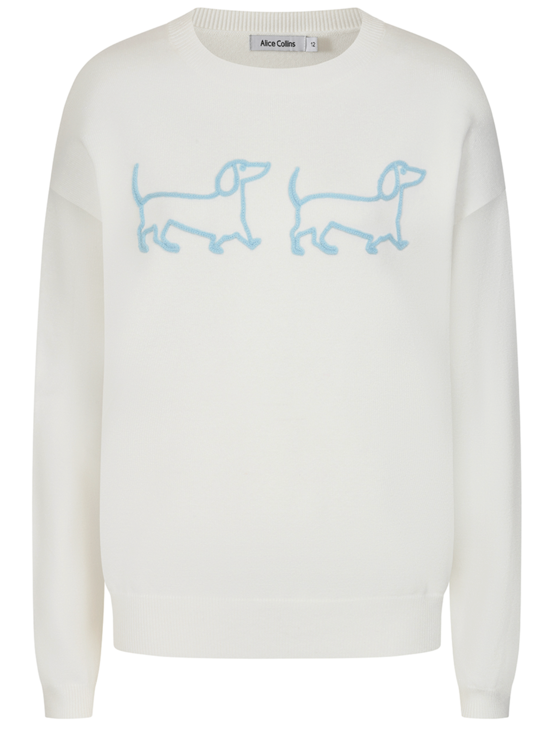 Alice Collins Jessie & Pippa knit pullover with embroidered dachshund motif and ribbed cuffs and hem.