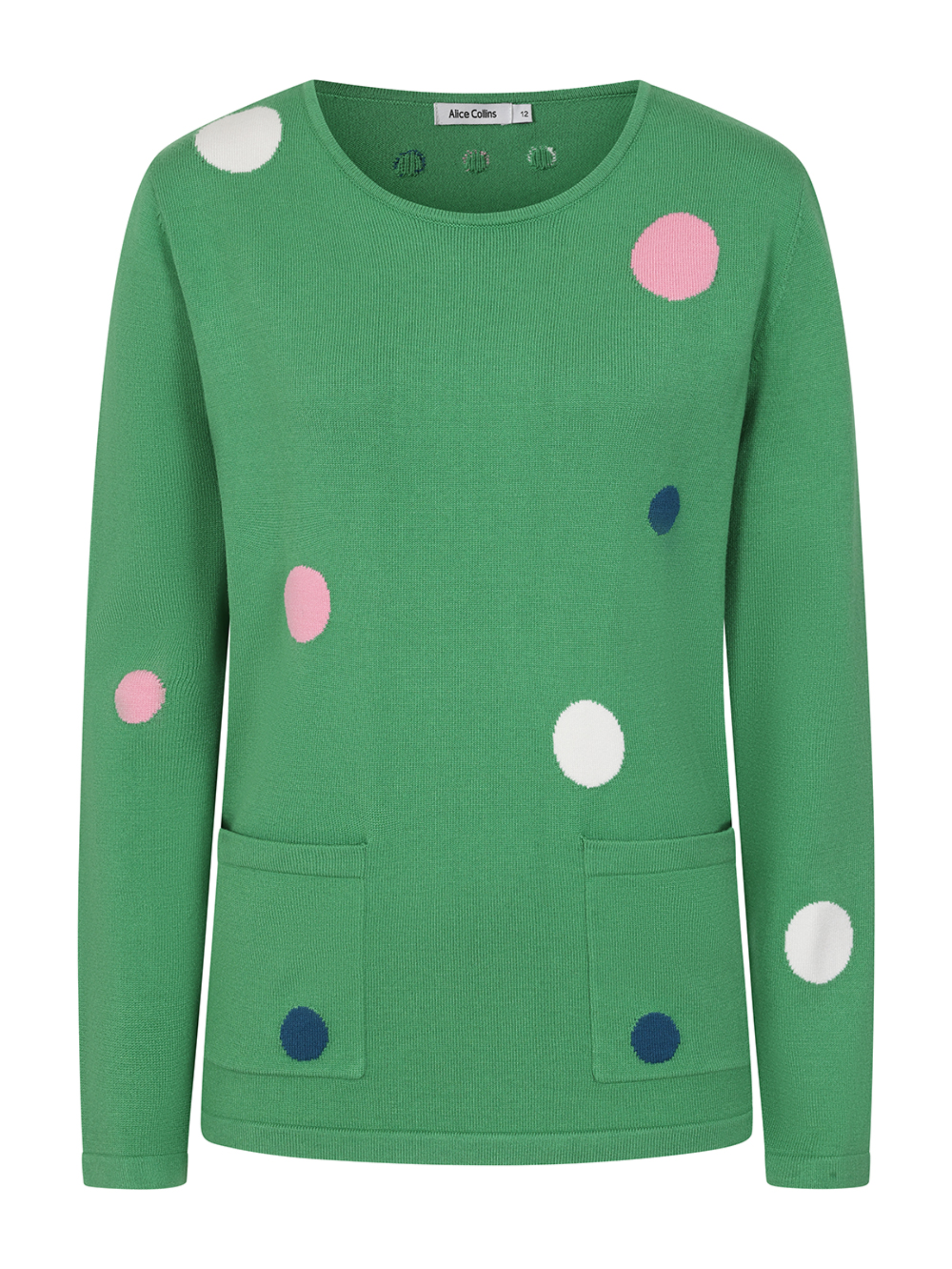 Alice Collins 036S560 Nicola Pullover with polka dot design and front patch pockets in soft knit fabric.