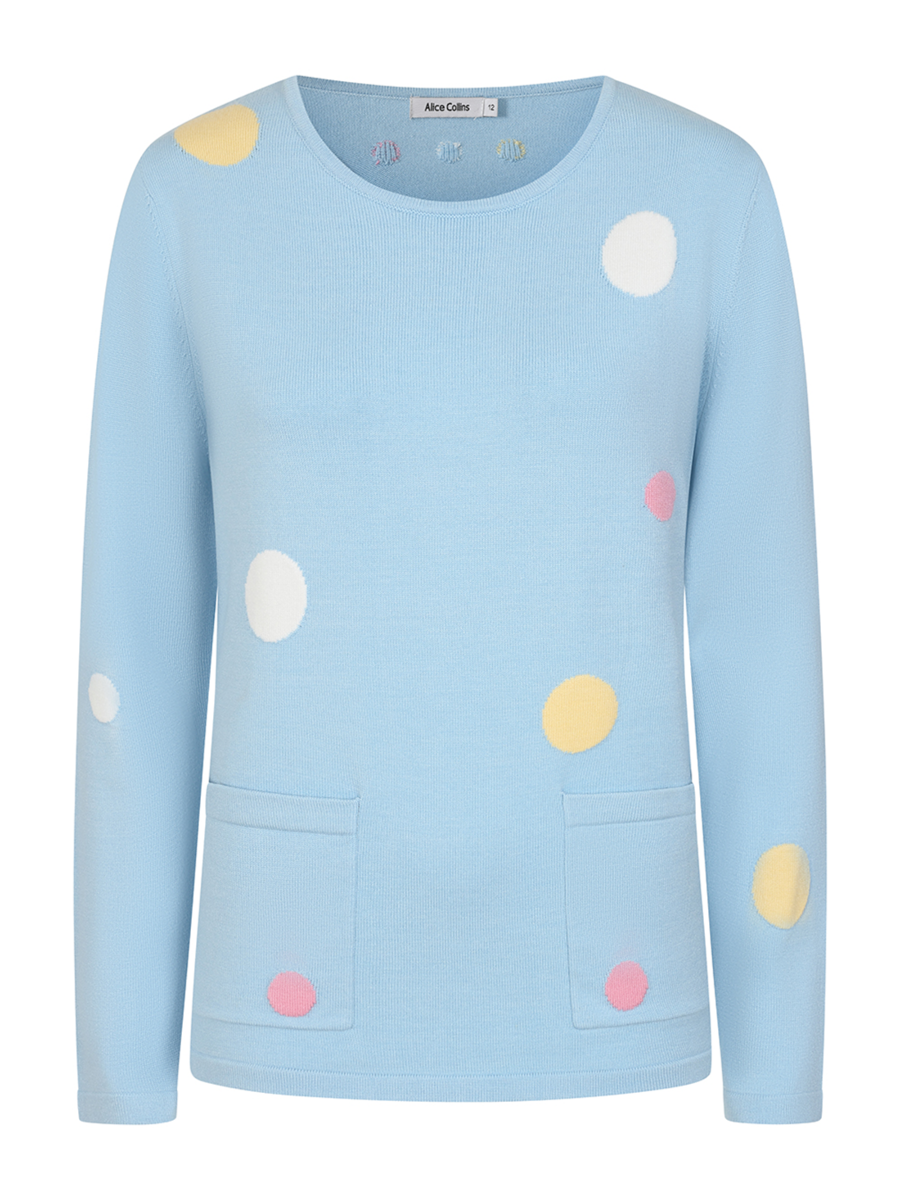 Alice Collins 036S560 Nicola Pullover with polka dot design and front patch pockets in soft knit fabric.