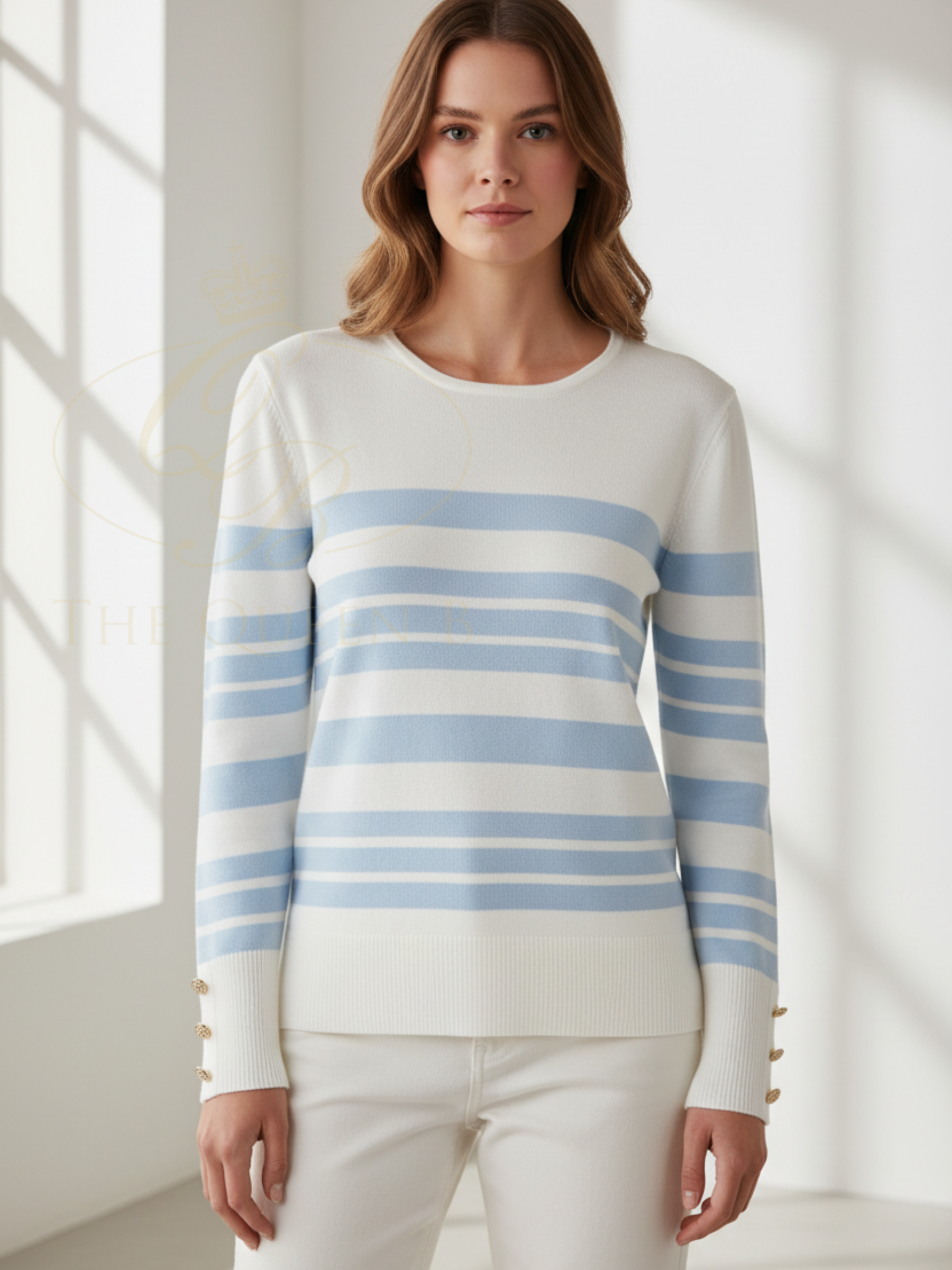 Alice Collins 036S632 Jemima striped round neck cotton pullover with long sleeves and button cuff detail.