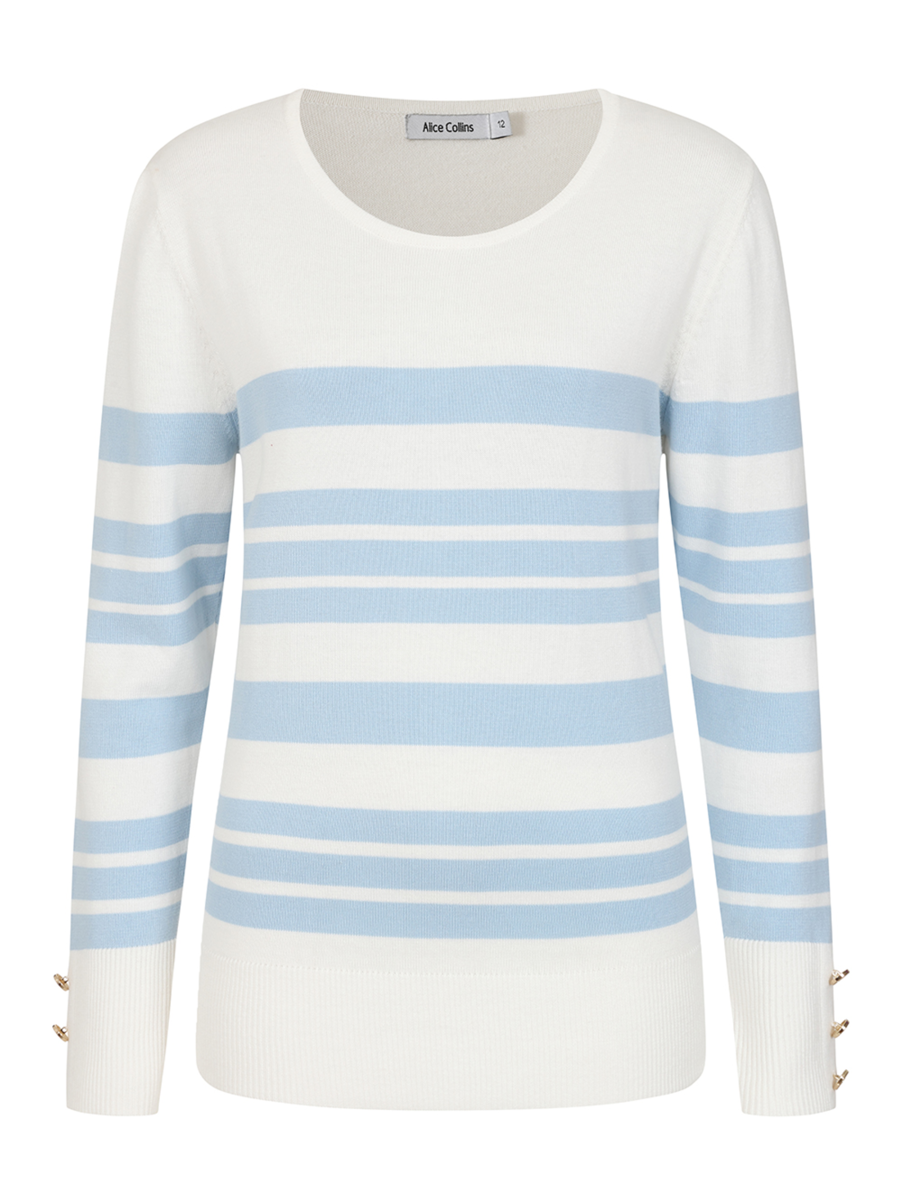 Alice Collins 036S632 Jemima striped round neck cotton pullover with long sleeves and button cuff detail.