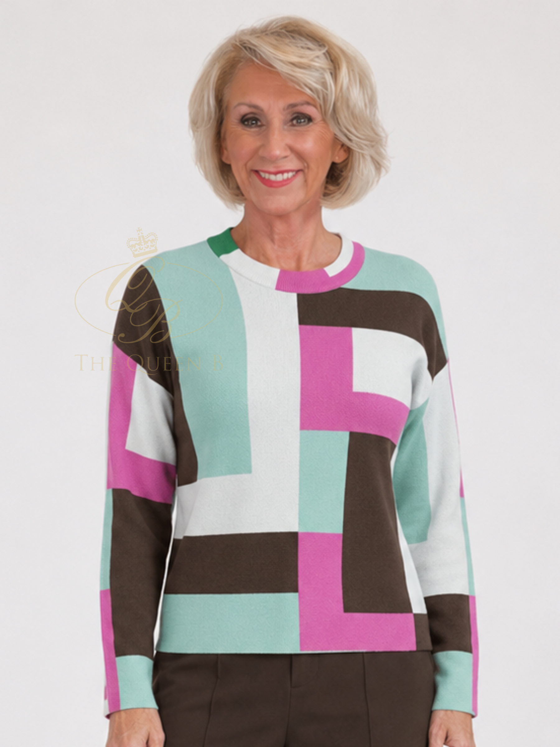 Alice Collins 037A006 Karlie Hexagon Pullover with round neckline, long sleeves and geometric block design