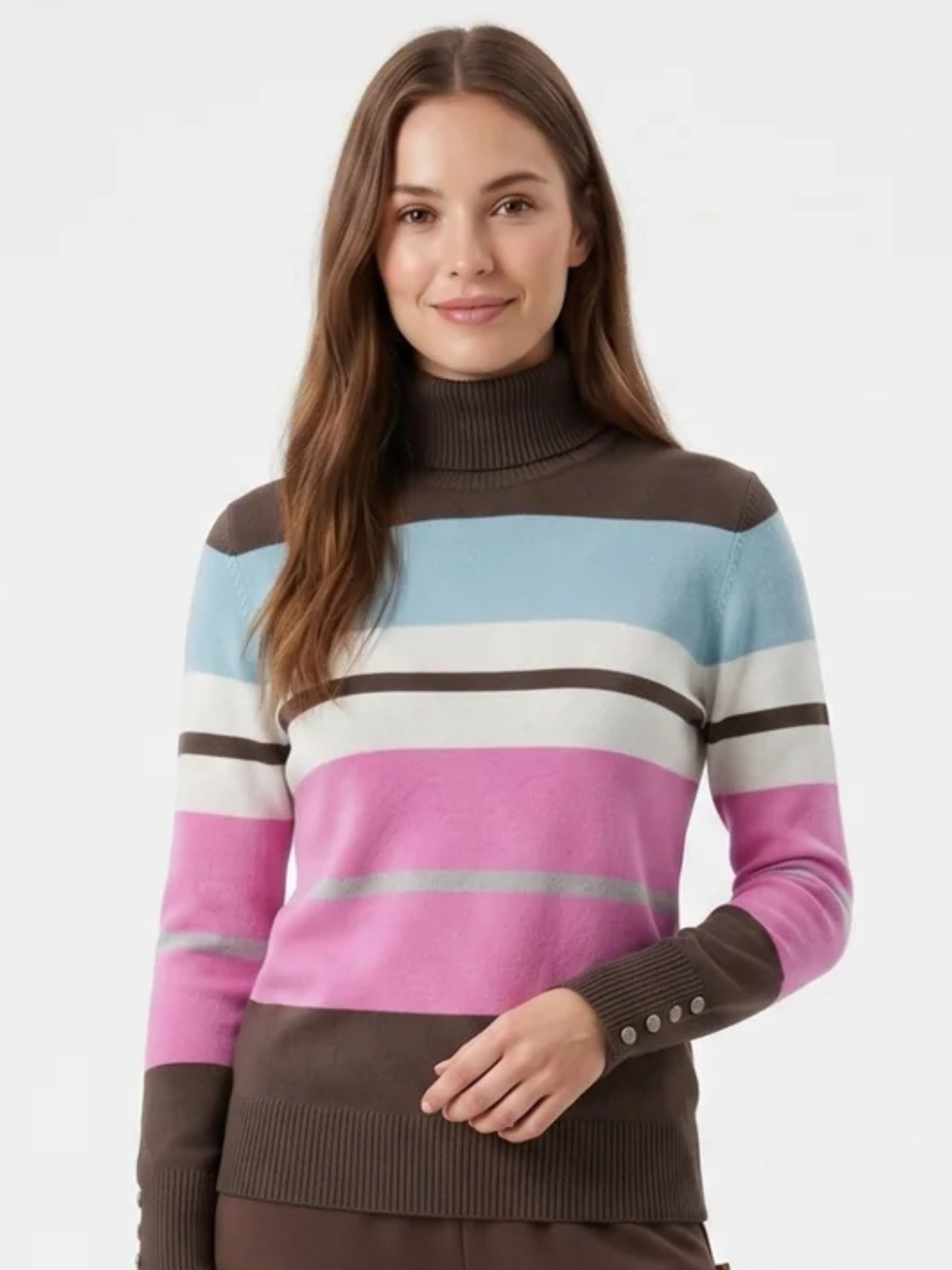 Alice Collins 037A025 Nova Stripe Pullover with roll neck, long sleeves, stripe design and button cuff detail