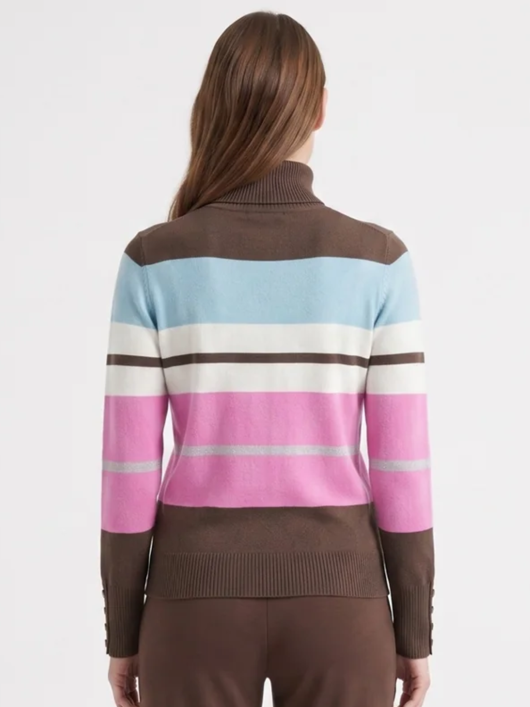 Alice Collins 037A025 Nova Stripe Pullover with roll neck, long sleeves, stripe design and button cuff detail