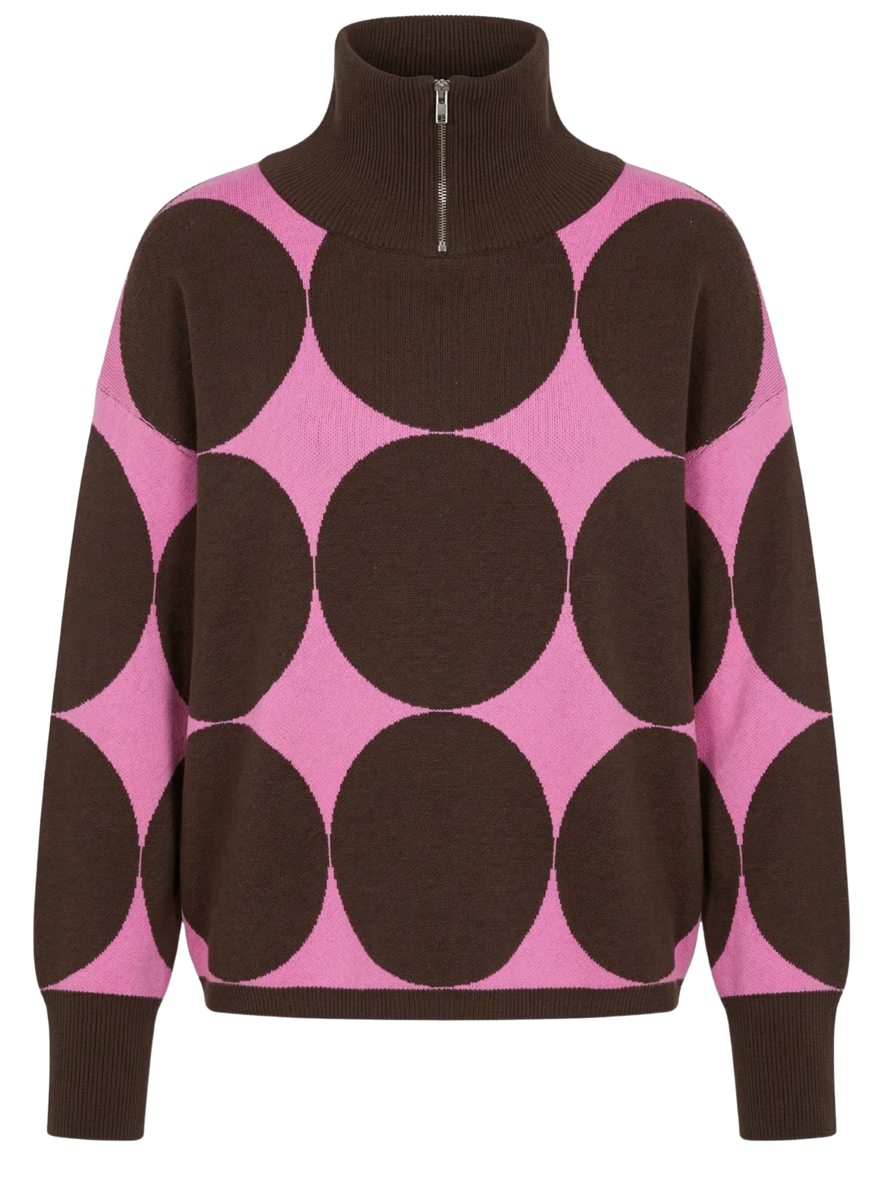 Alice Collins 037A099 Cecilia Pullover with zip neckline, long sleeves and bold circular pattern