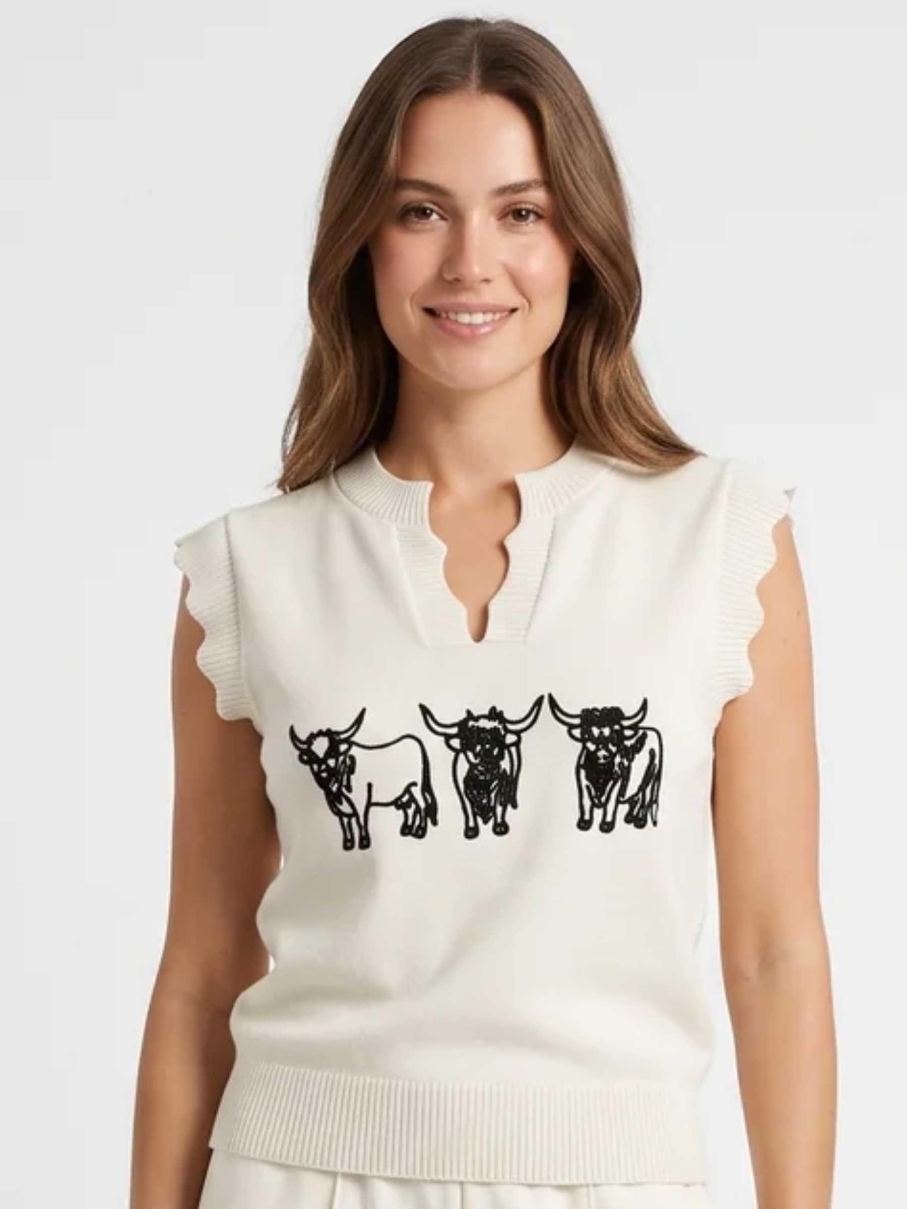 Alice Collins 037A140 Highland Cattle Slipover with split neckline, sleeveless shape and embroidered cattle detail