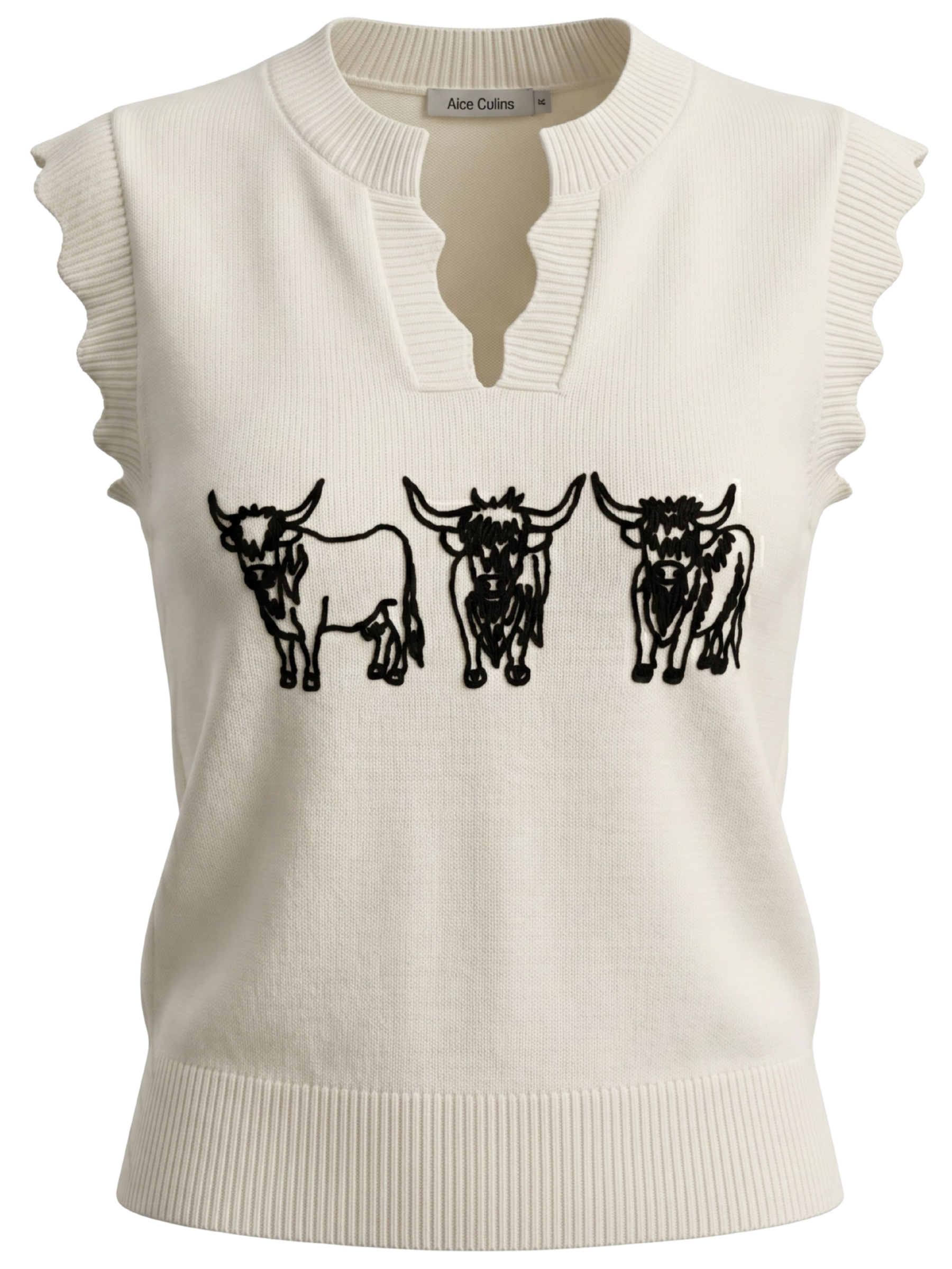 Alice Collins 037A140 Highland Cattle Slipover with split neckline, sleeveless shape and embroidered cattle detail