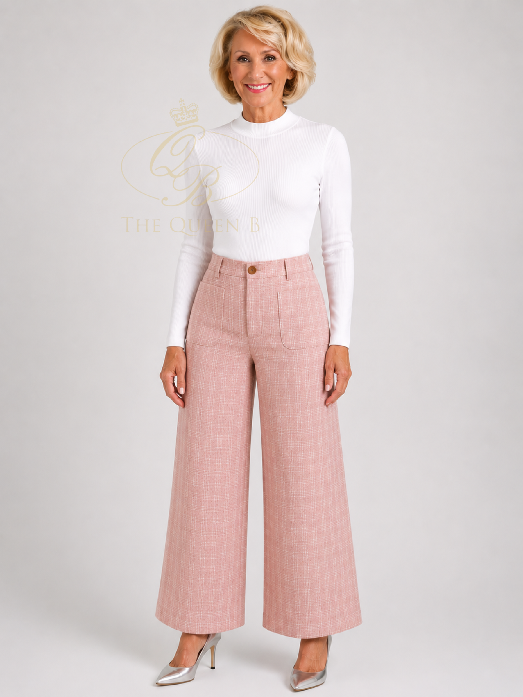 Alice Collins 037A254 Dolly Trousers with wide-leg fit, check design, front and back pockets and button fastening