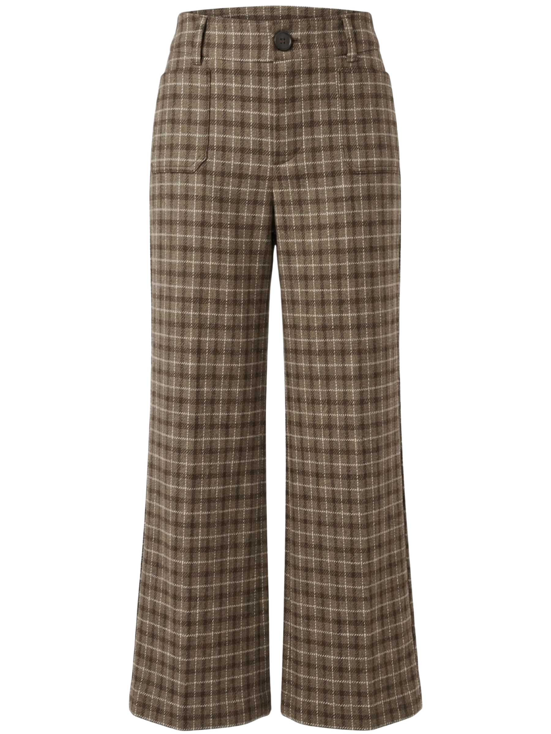 Alice Collins 037A254 Dolly Trousers with wide-leg fit, check design, front and back pockets and button fastening