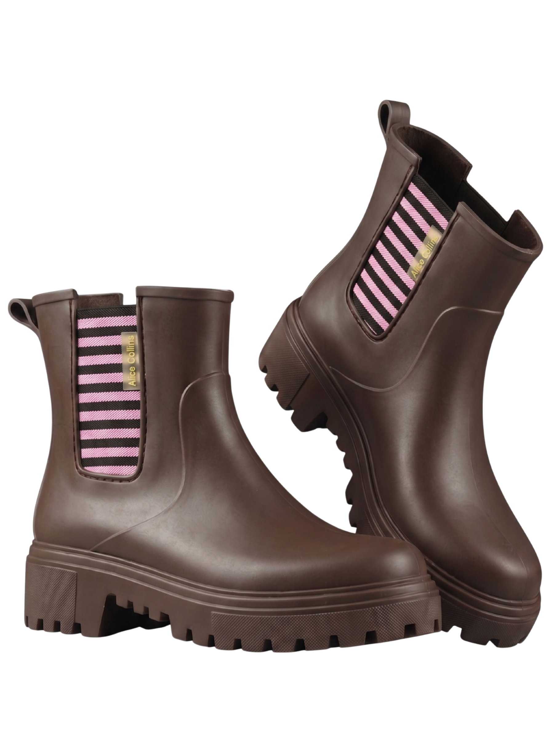 Alice Collins 037A400 Mayfair Boot with striped elastic side panel, pull tab and chunky cleated sole
