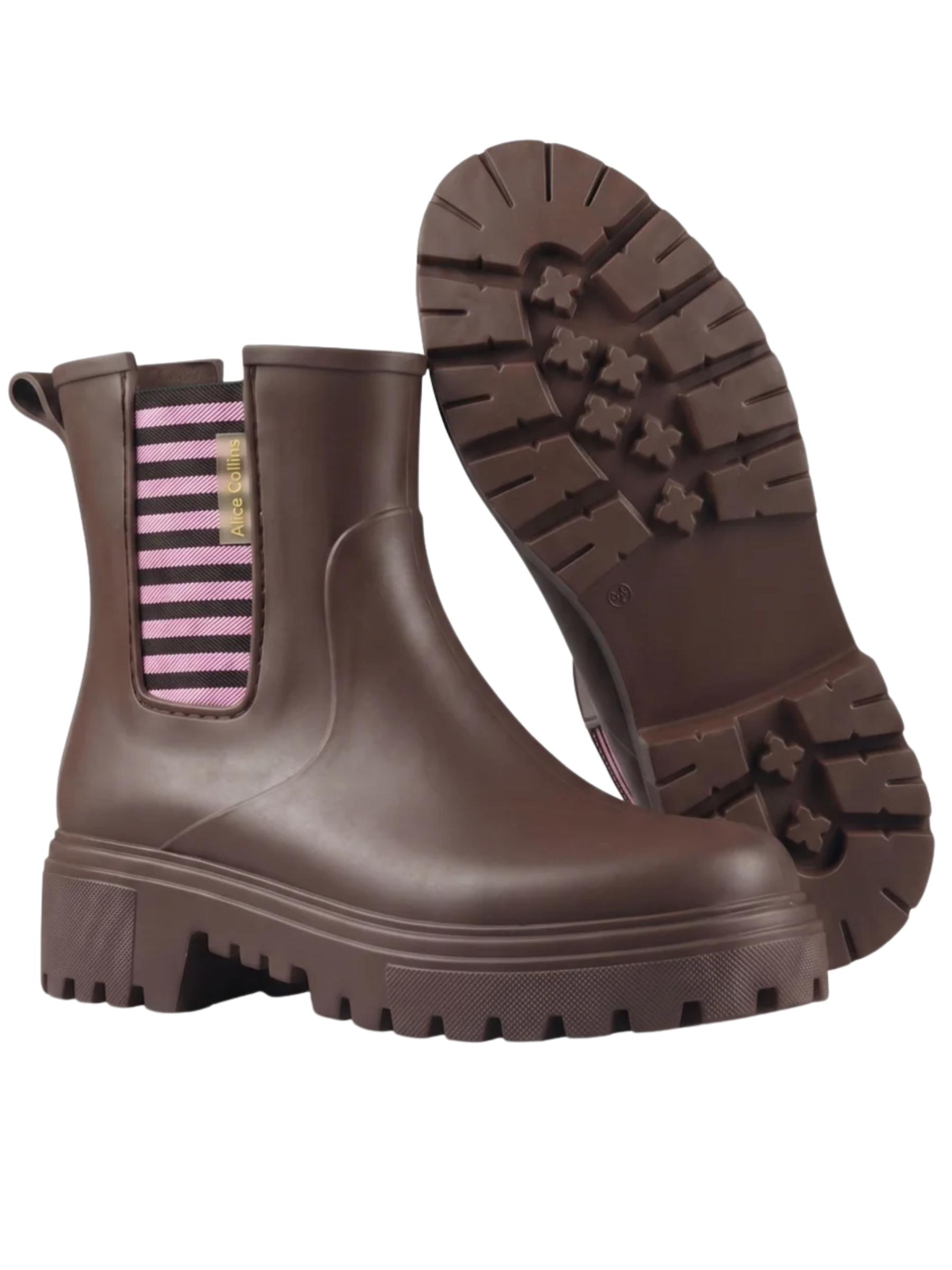 Alice Collins 037A400 Mayfair Boot with striped elastic side panel, pull tab and chunky cleated sole