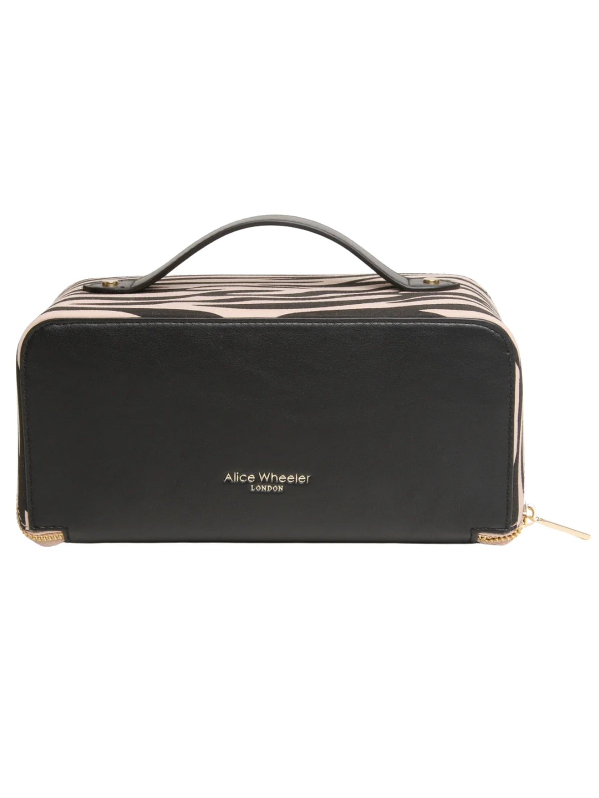 Alice Wheeler AW0332 Zebra Train Case with gold-toned zip fastening, top handle and organised lined interior.
