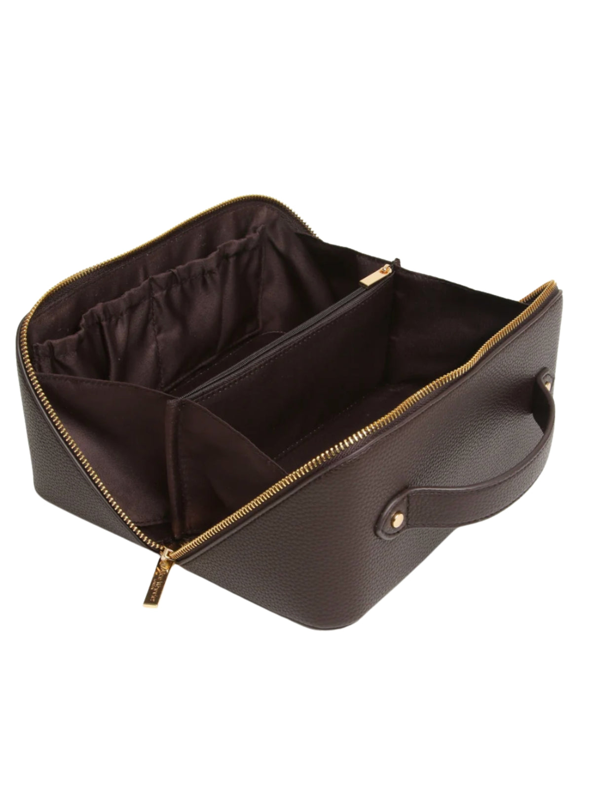 Alice Wheeler AW0348 Chocolate Train Case with gold-toned zip fastening, top handle and organised interior.