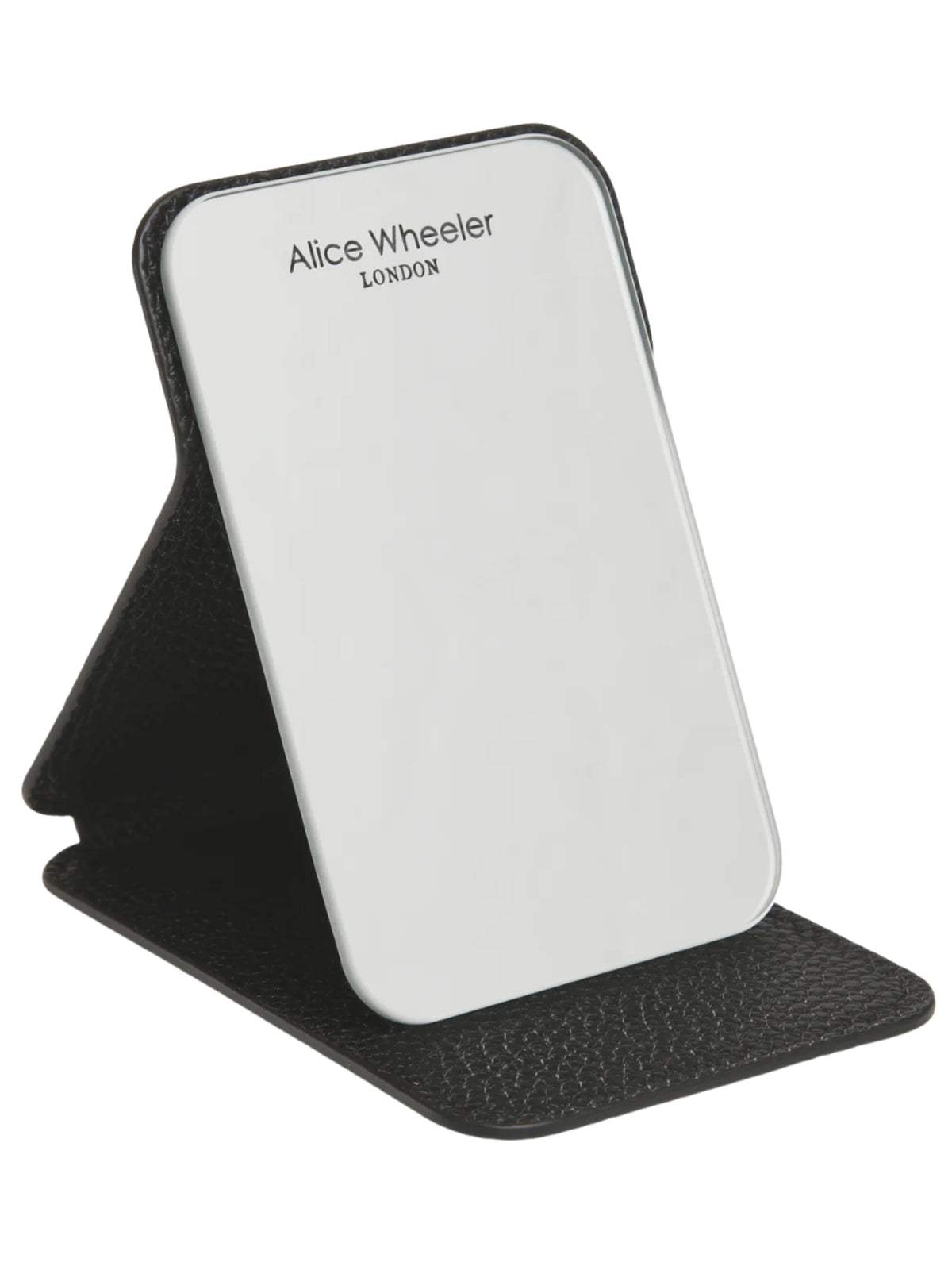 Alice Wheeler AW0390 Black Mini Folding Mirror with textured protective cover and freestanding folding design.