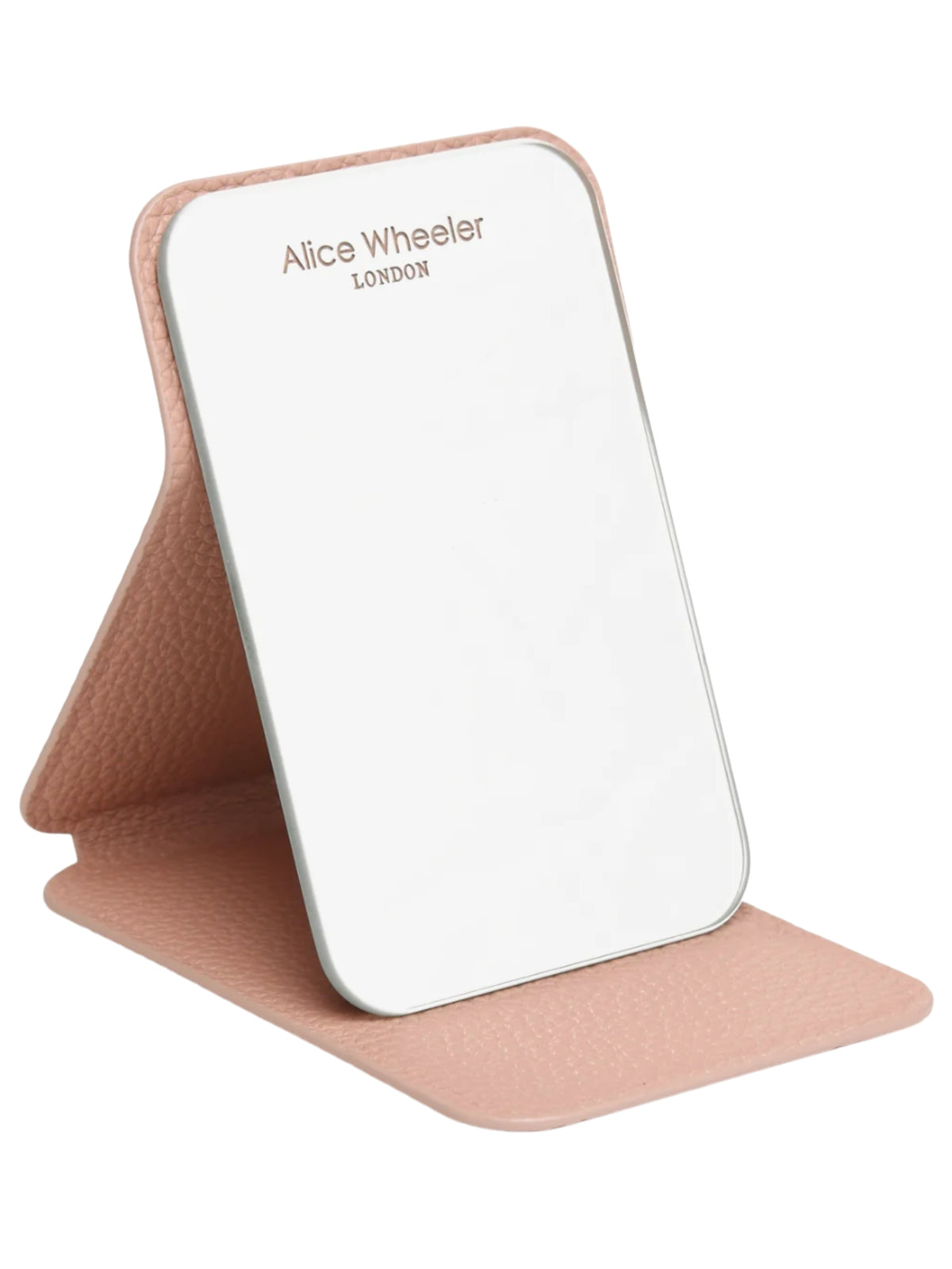 Alice Wheeler AW0392 Pink Mini Folding Mirror with textured protective cover and freestanding folding design.
