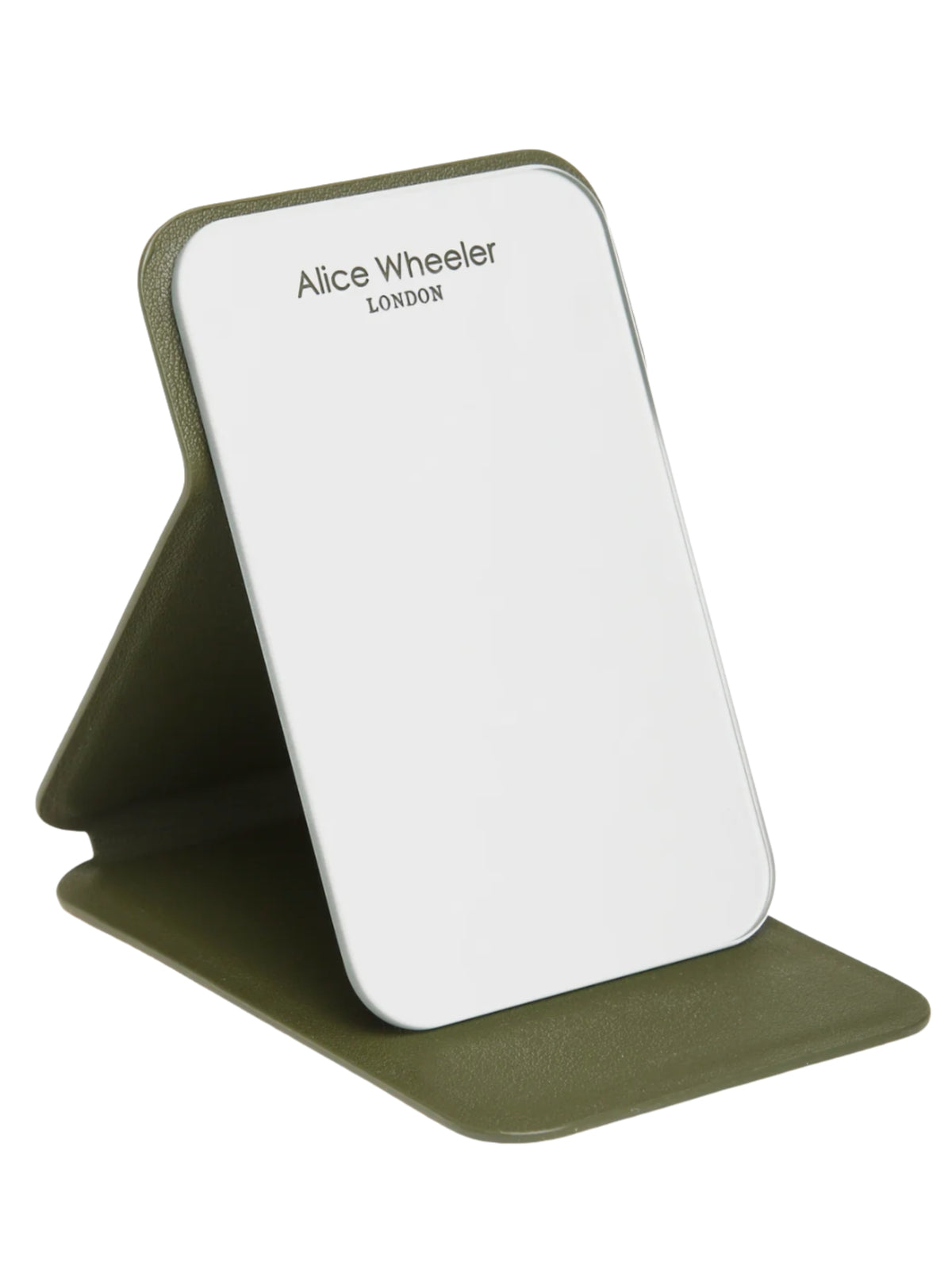 Alice Wheeler AW0396 Olive Leopard Mini Folding Mirror with textured protective cover and freestanding folding design.