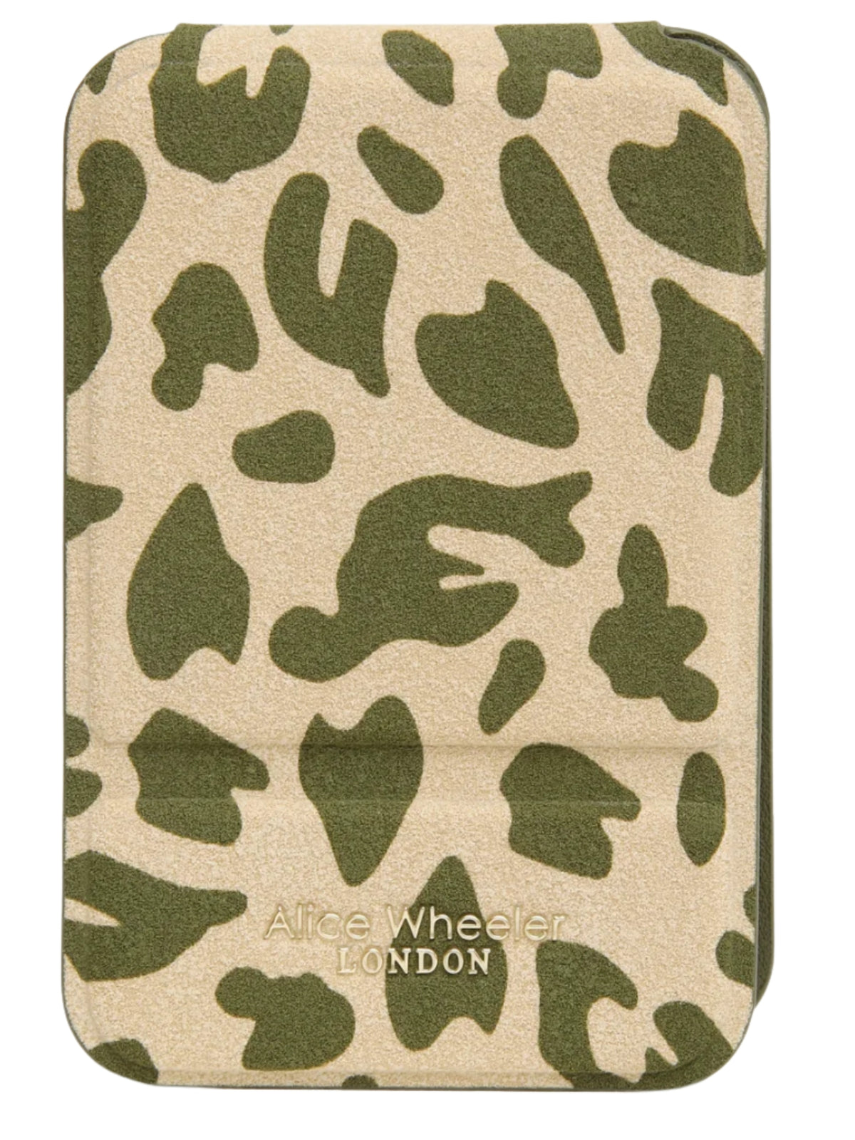 Alice Wheeler AW0396 Olive Leopard Mini Folding Mirror with textured protective cover and freestanding folding design.