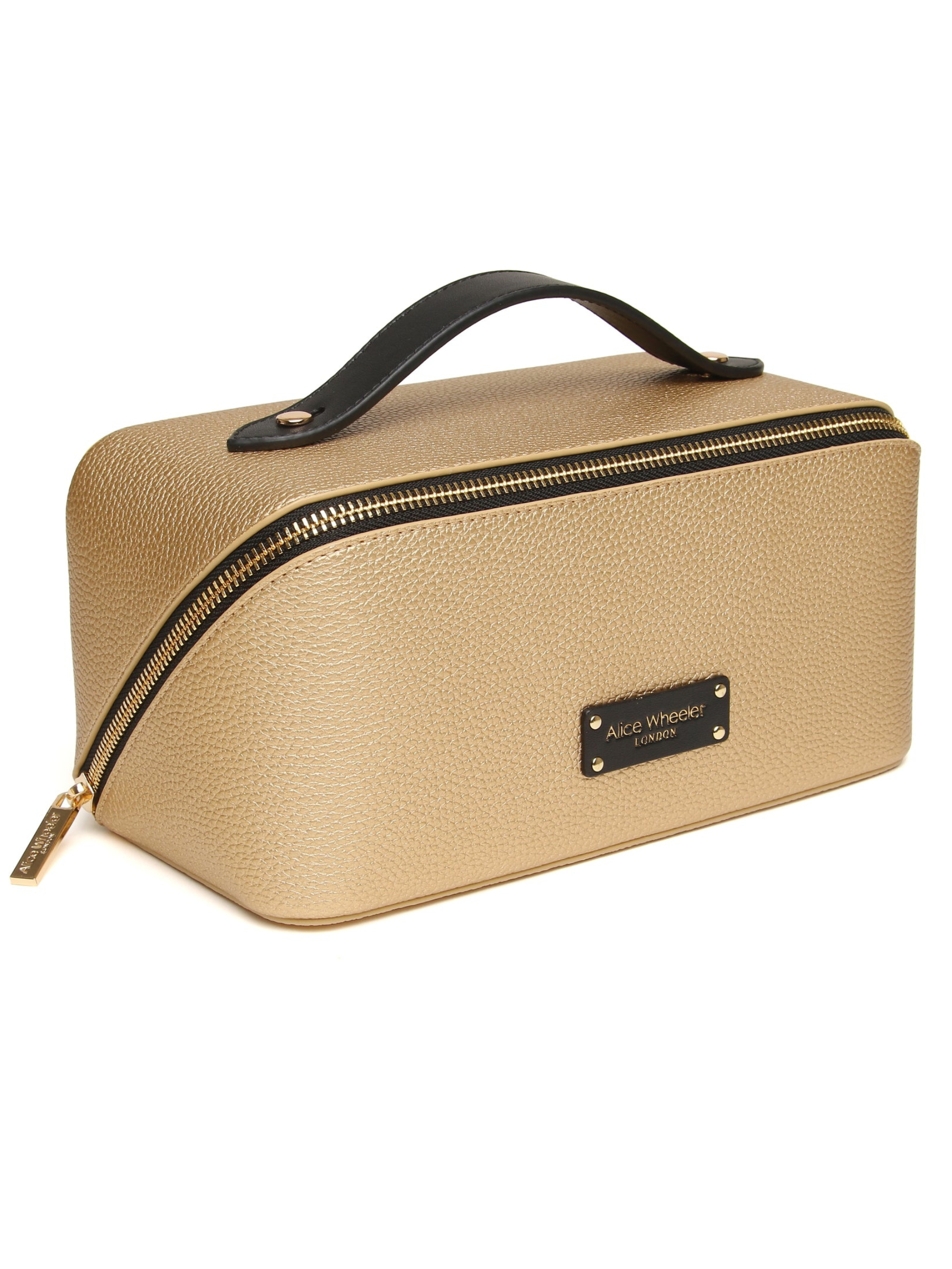 Alice Wheeler AW0406 Gold Black Kensington Train Case with zip fastening, top handle and structured beauty case design