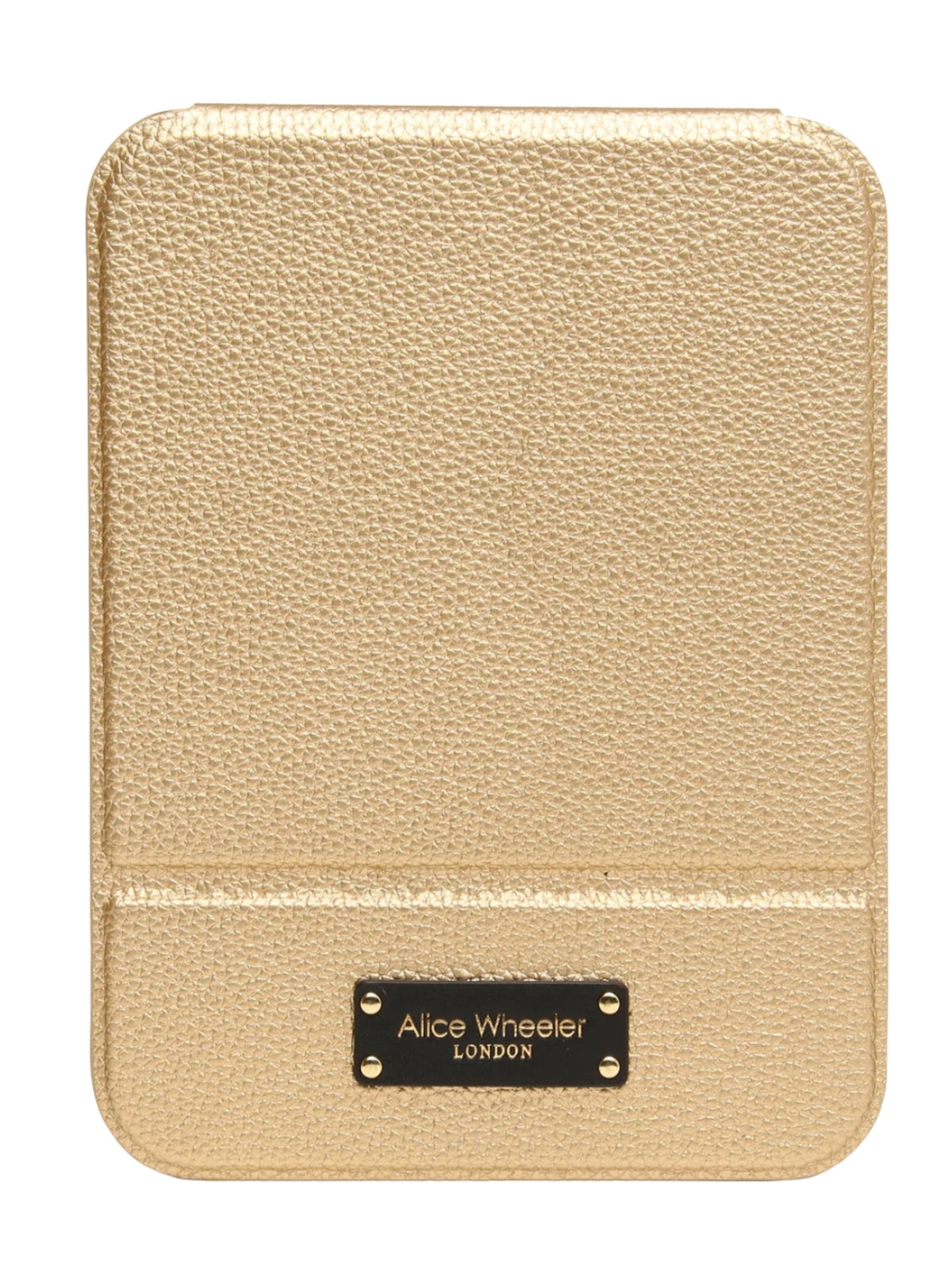 Alice Wheeler AW0408 Gold Black Kensington Folding Mirror with textured cover and freestanding fold-out design.
