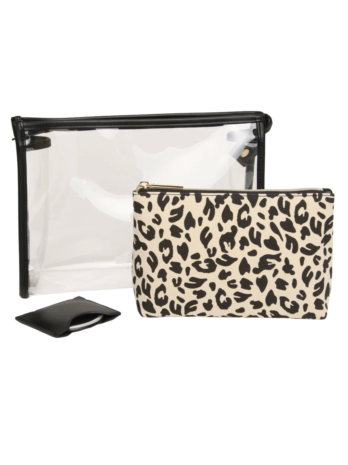 Alice Wheeler AW0409 Leopard 3-Piece Beauty / Makeup Gift Set featuring a clear outer bag, leopard print inner pouch and compact mirror holder.