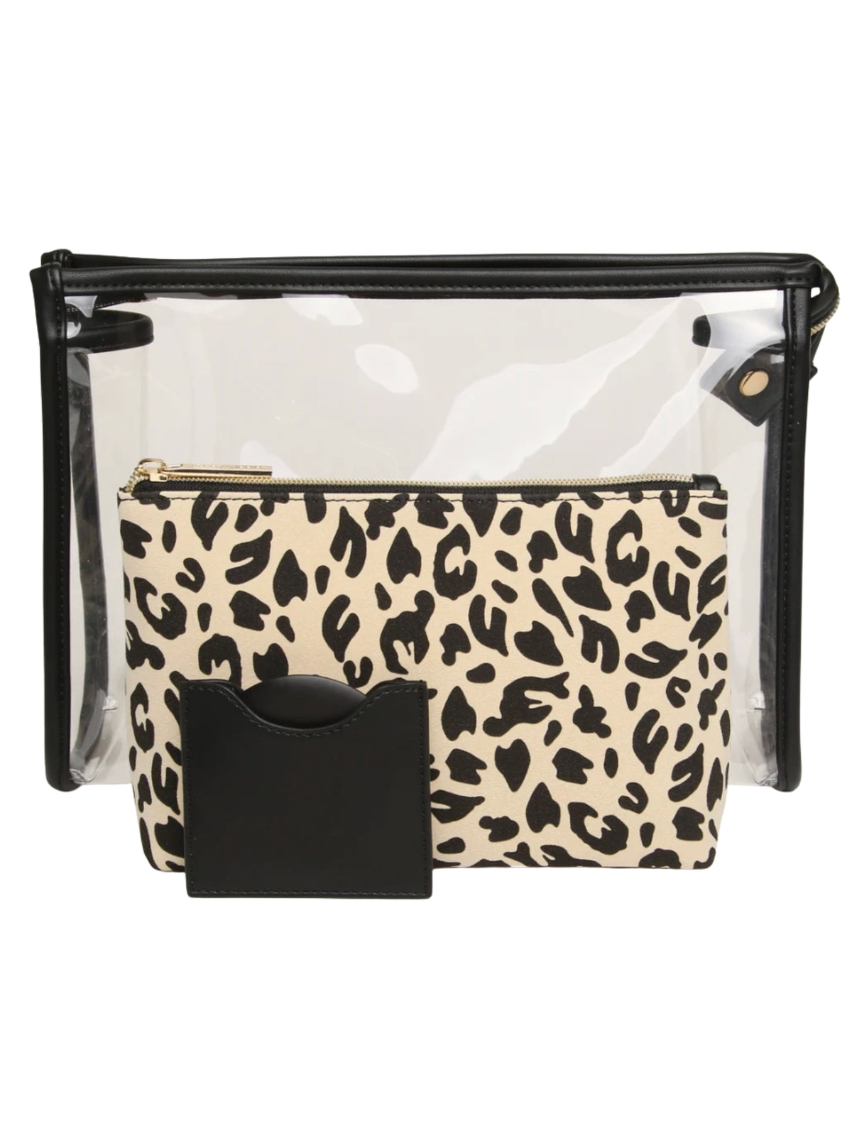 Alice Wheeler AW0409 Leopard 3-Piece Beauty / Makeup Gift Set featuring a clear outer bag, leopard print inner pouch and compact mirror holder.