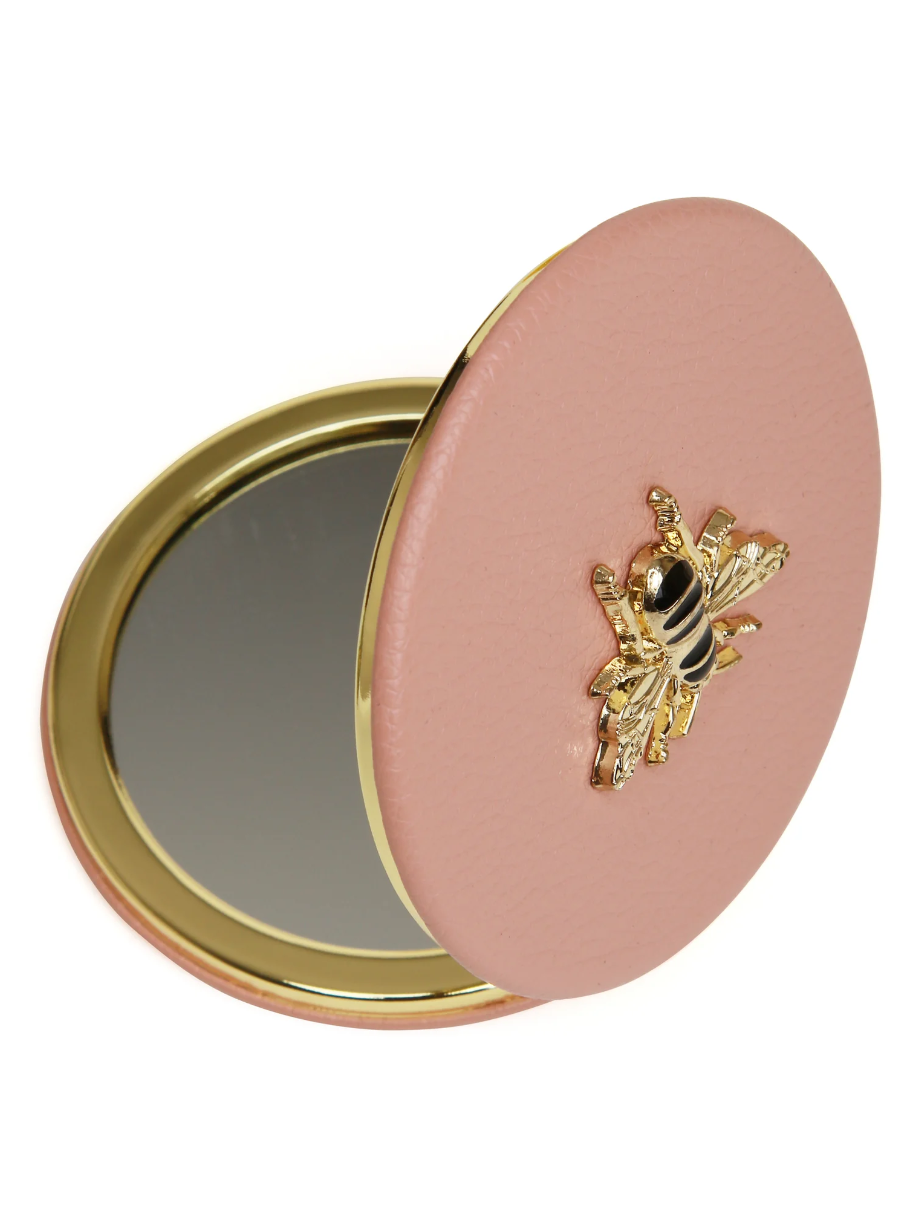 ALICE WHEELER AW587 pink round compact mirror with vegan leather cover, honey bee emblem, dual magnification, 7cm purse size.
