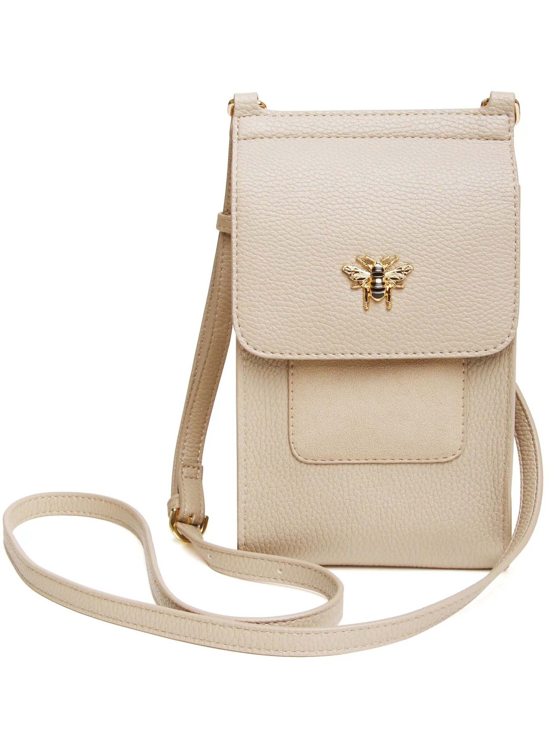 Alice Wheeler AW6049 Stone Mini Bloomsbury Cross Body Bag with bee detail, magnetic flap and crossbody strap