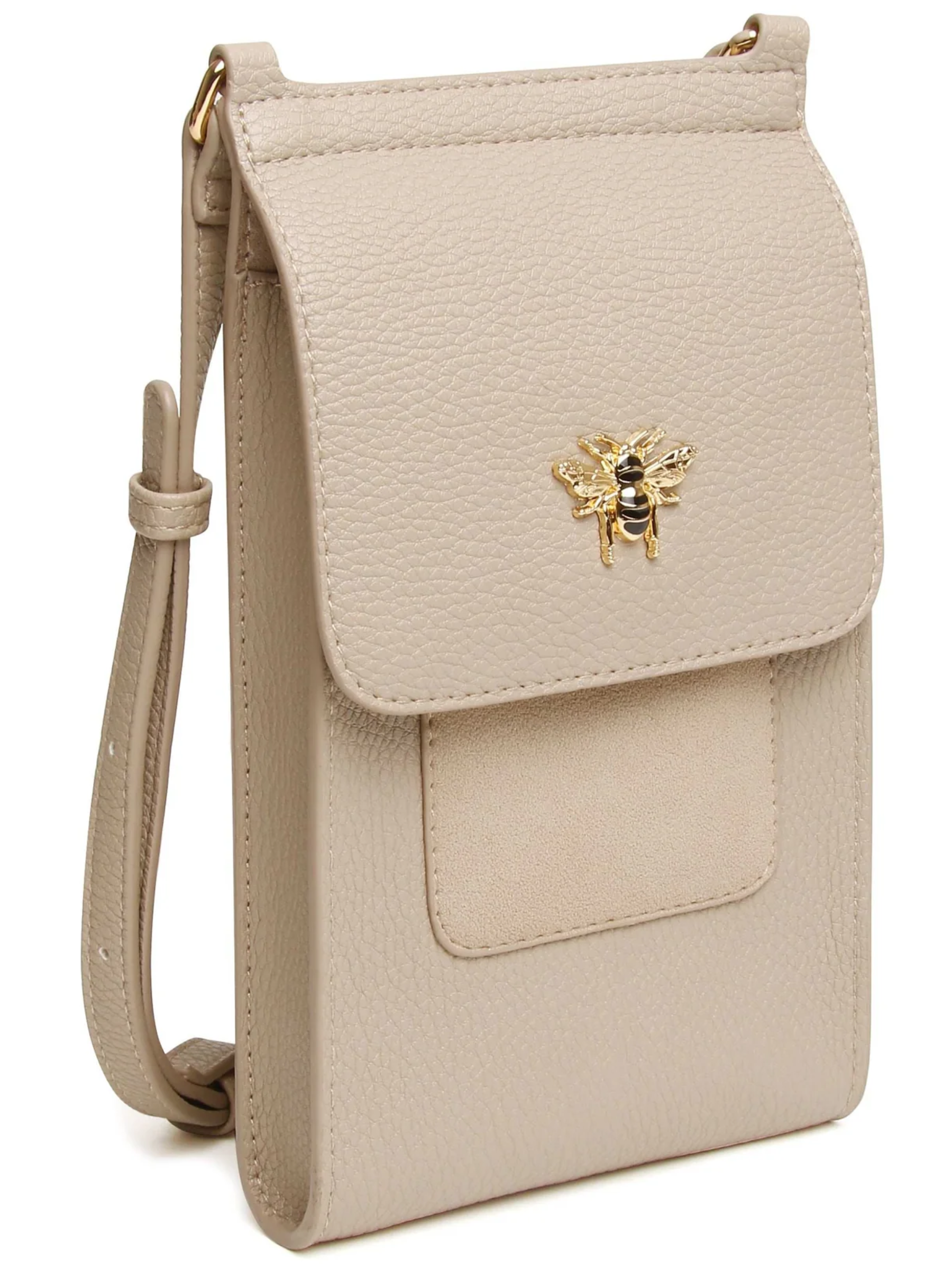 Alice Wheeler AW6049 Stone Mini Bloomsbury Cross Body Bag with bee detail, magnetic flap and crossbody strap