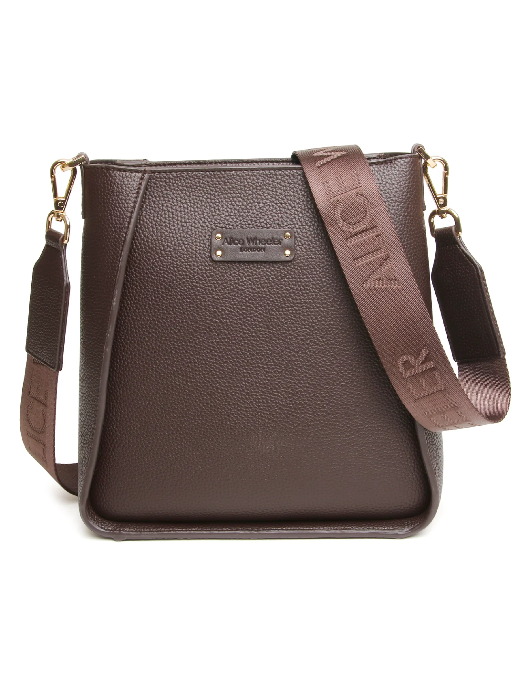 Alice Wheeler AW6194 Chocolate Kensington Crossbody Bag with logo strap, zip fastening and textured vegan leather finish