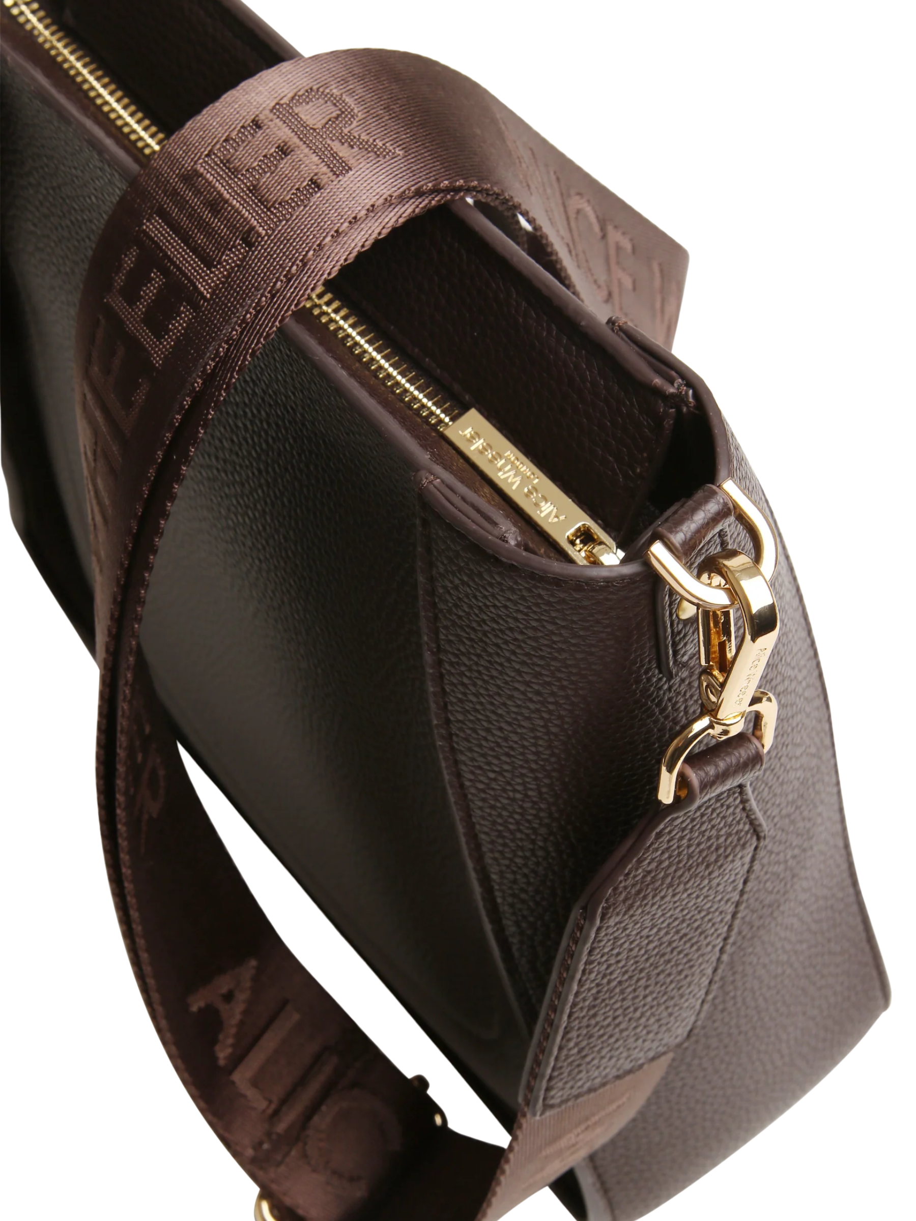 Alice Wheeler AW6194 Chocolate Kensington Crossbody Bag with logo strap, zip fastening and textured vegan leather finish