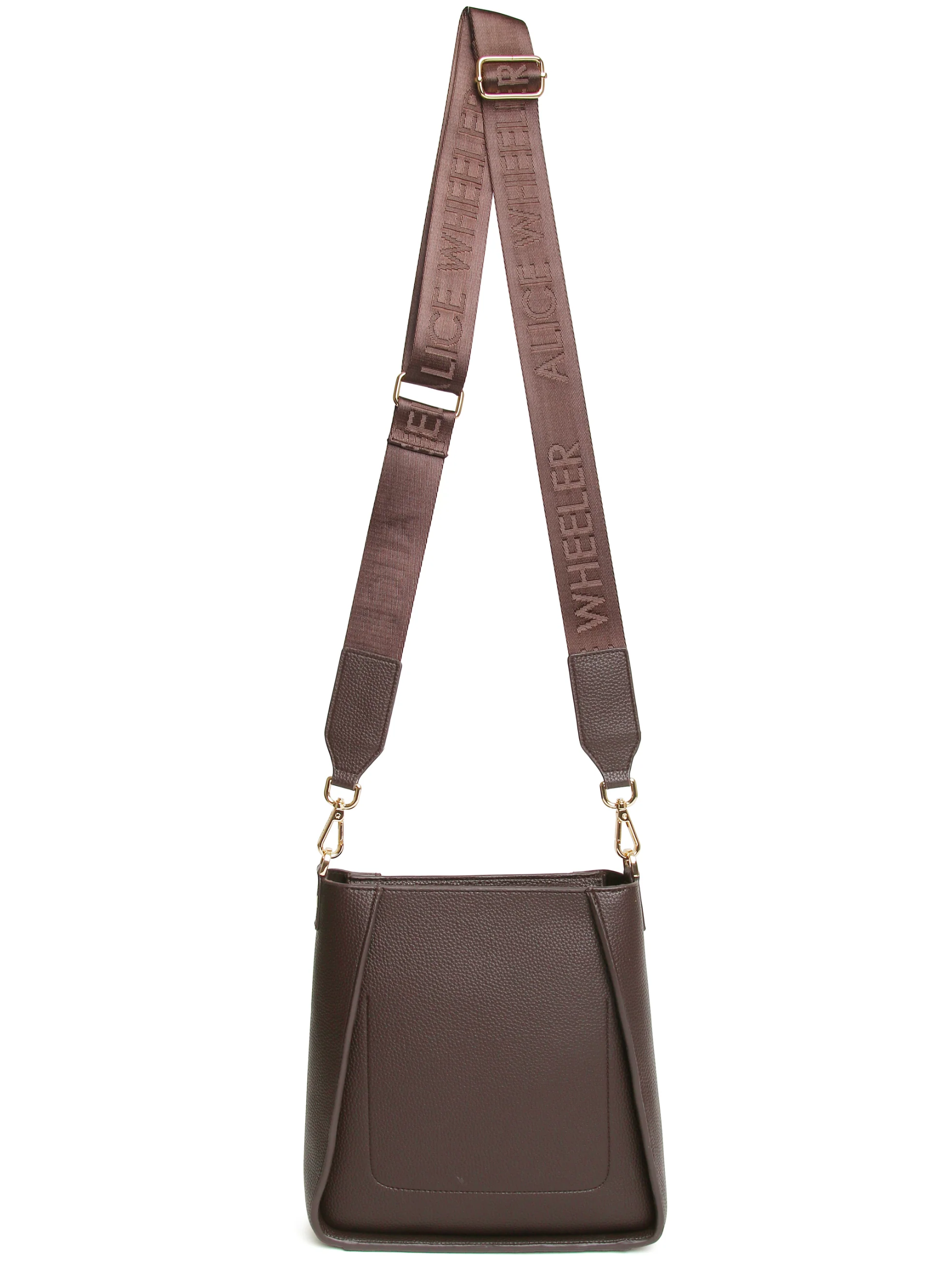 Alice Wheeler AW6194 Chocolate Kensington Crossbody Bag with logo strap, zip fastening and textured vegan leather finish